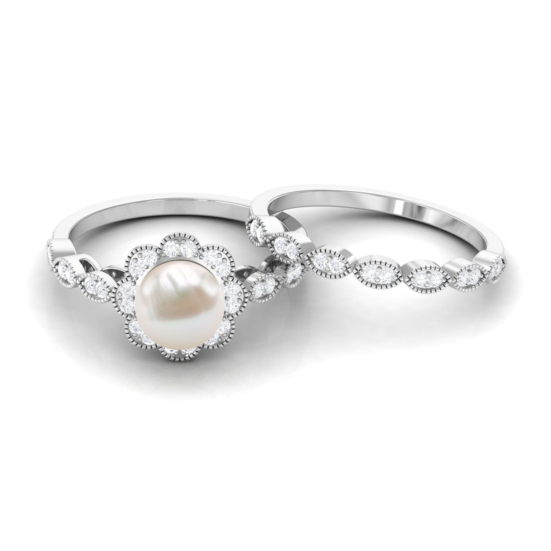Freshwater Pearl and Diamond Wedding Ring Set