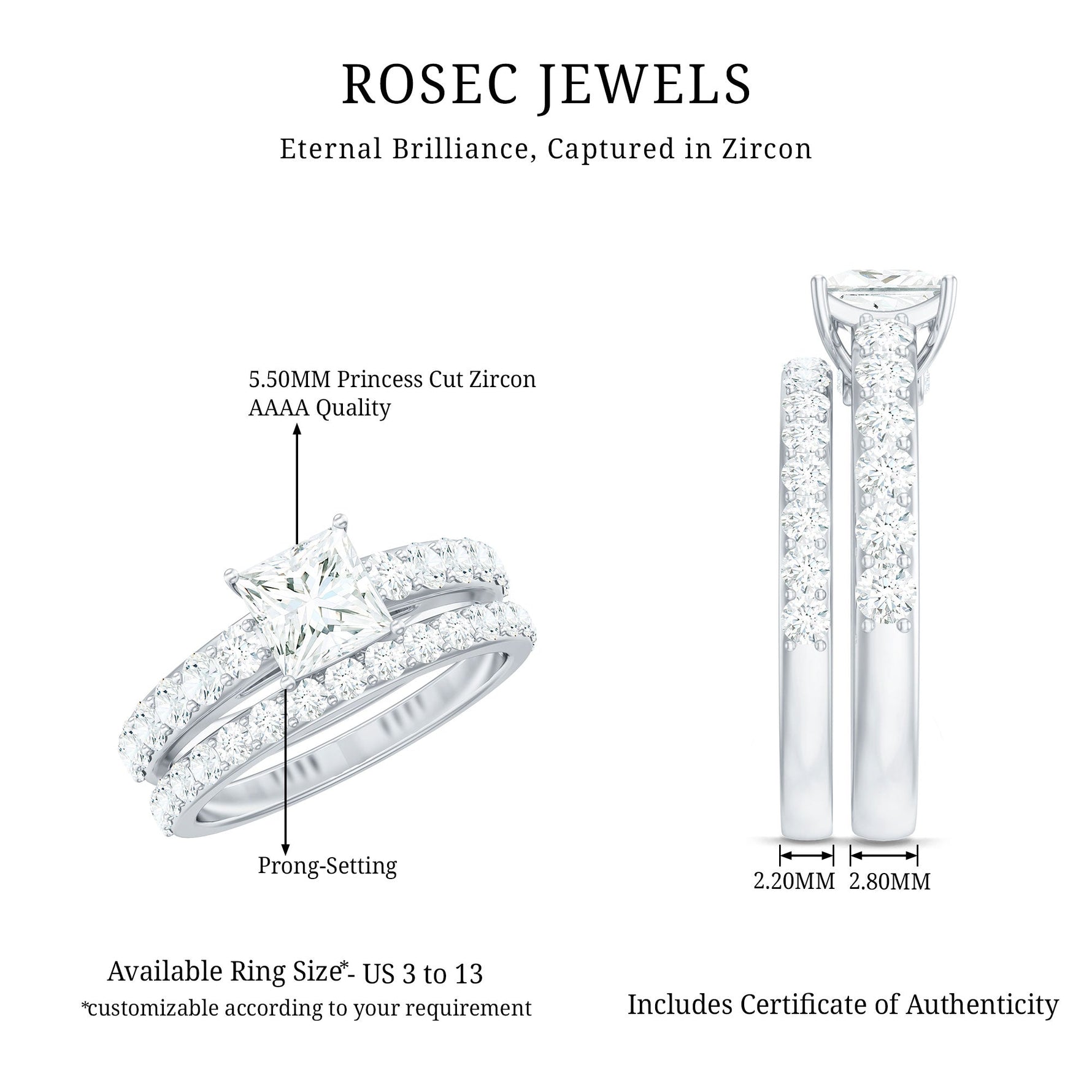 Princess Cut Zircon Wedding Ring Set with Enhancer Band