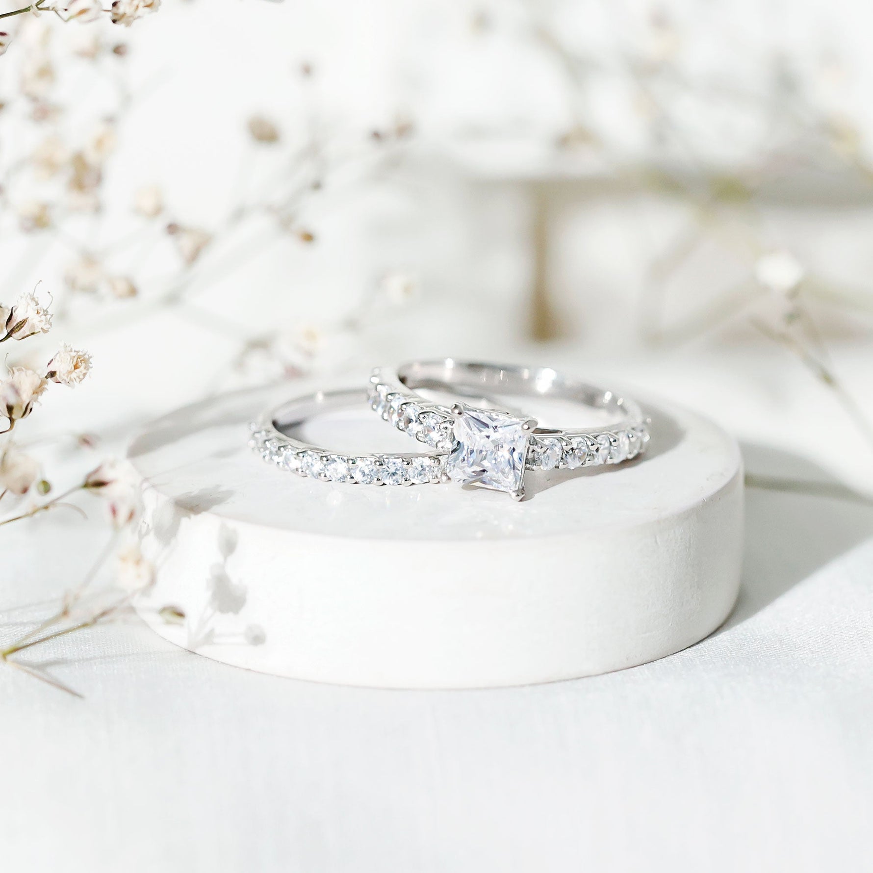 Princess Cut Zircon Wedding Ring Set with Enhancer Band