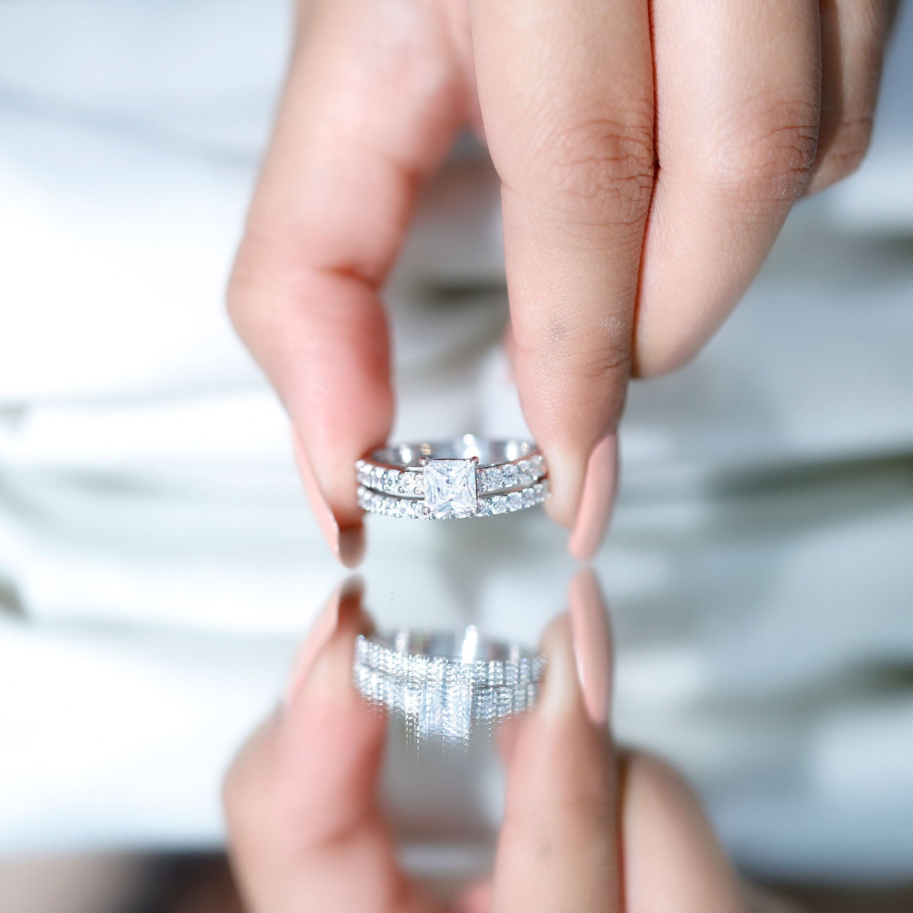 Princess Cut Zircon Wedding Ring Set with Enhancer Band