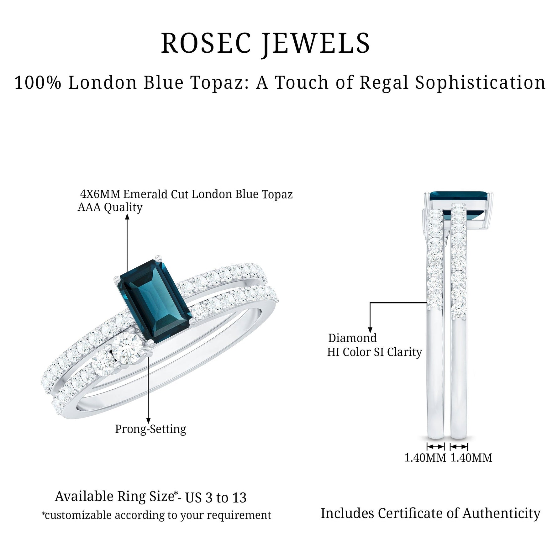 4X6mm Emerald Cut London Blue Topaz Wedding Ring Set with Diamond