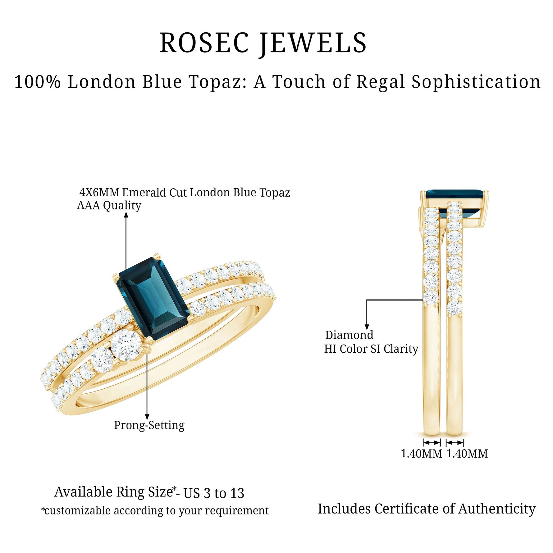 4X6mm Emerald Cut London Blue Topaz Wedding Ring Set with Diamond