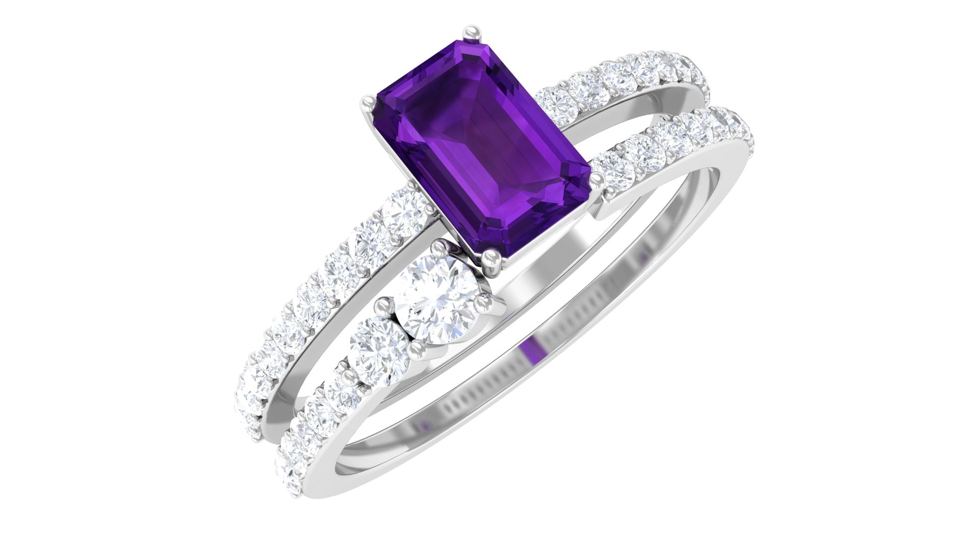 Natural Amethyst and Diamond Wedding Ring Set