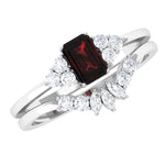 Genuine Garnet Diamond Emerald Cut Engagement Wedding Ring Set of 2
