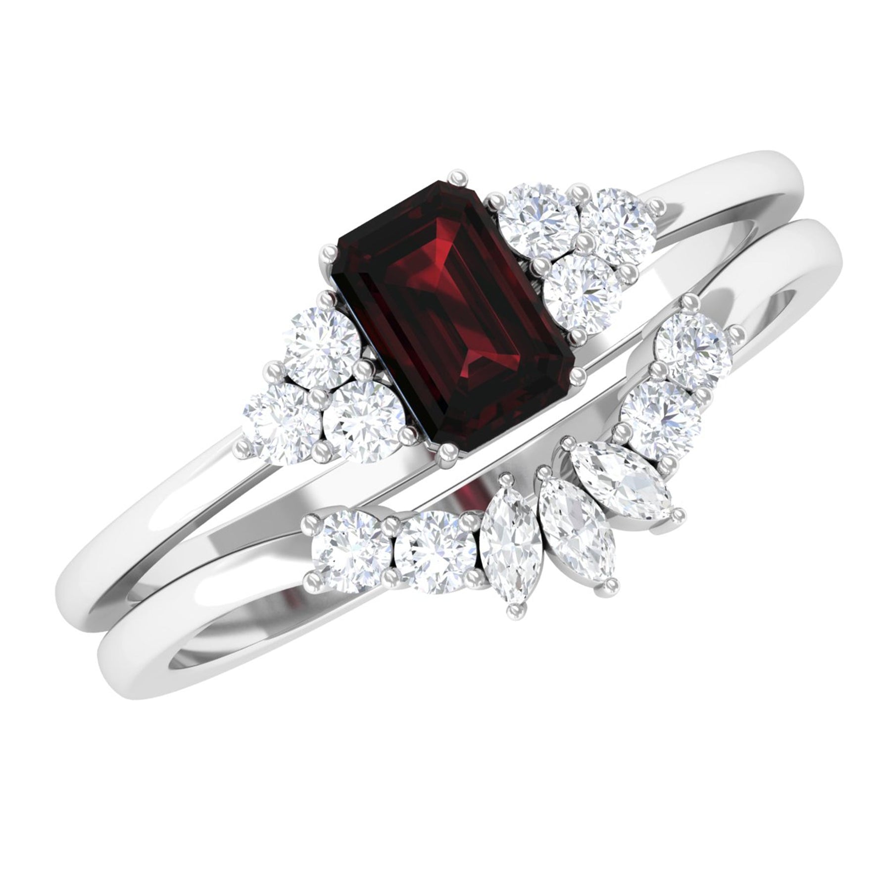 Genuine Garnet Diamond Emerald Cut Engagement Wedding Ring Set of 2