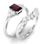 Genuine Garnet Diamond Emerald Cut Engagement Wedding Ring Set of 2