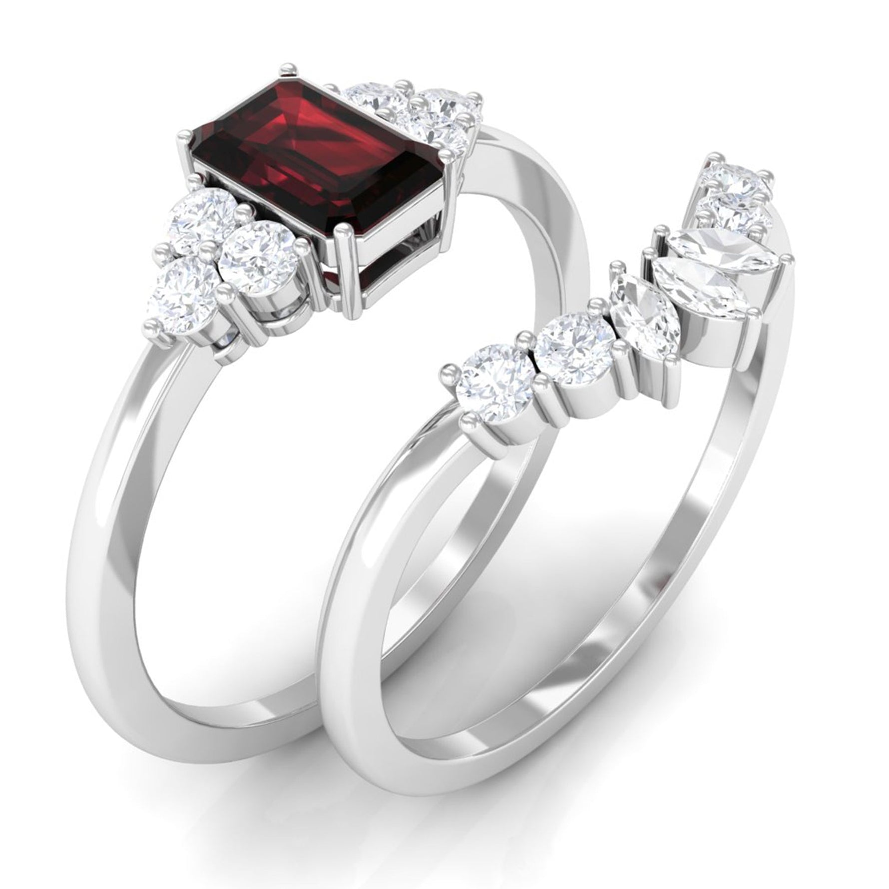 Genuine Garnet Diamond Emerald Cut Engagement Wedding Ring Set of 2