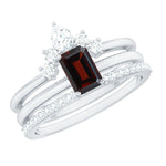 Natural Emerald Cut Garnet Diamond 3 Piece Wedding Ring Set