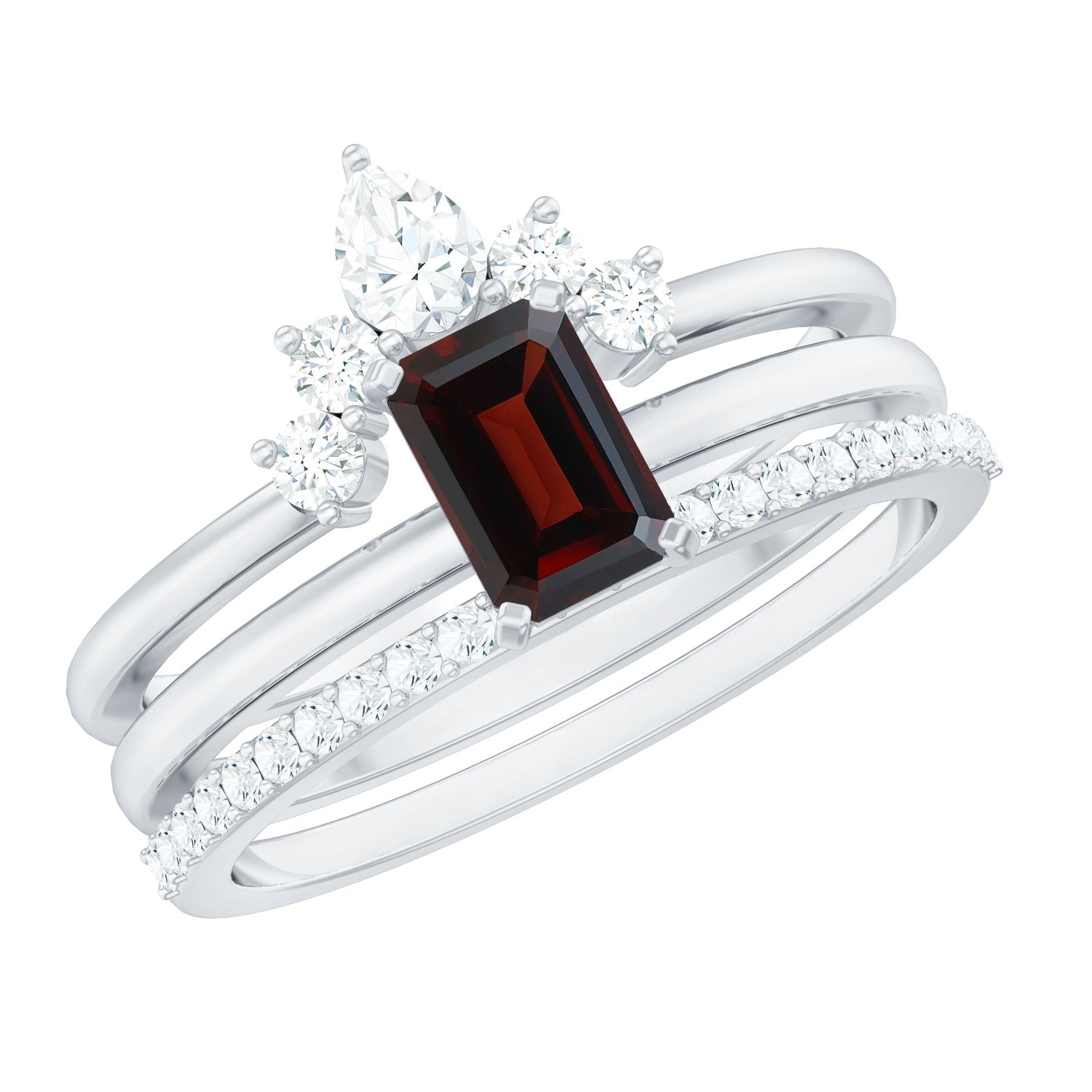 Natural Emerald Cut Garnet Diamond 3 Piece Wedding Ring Set