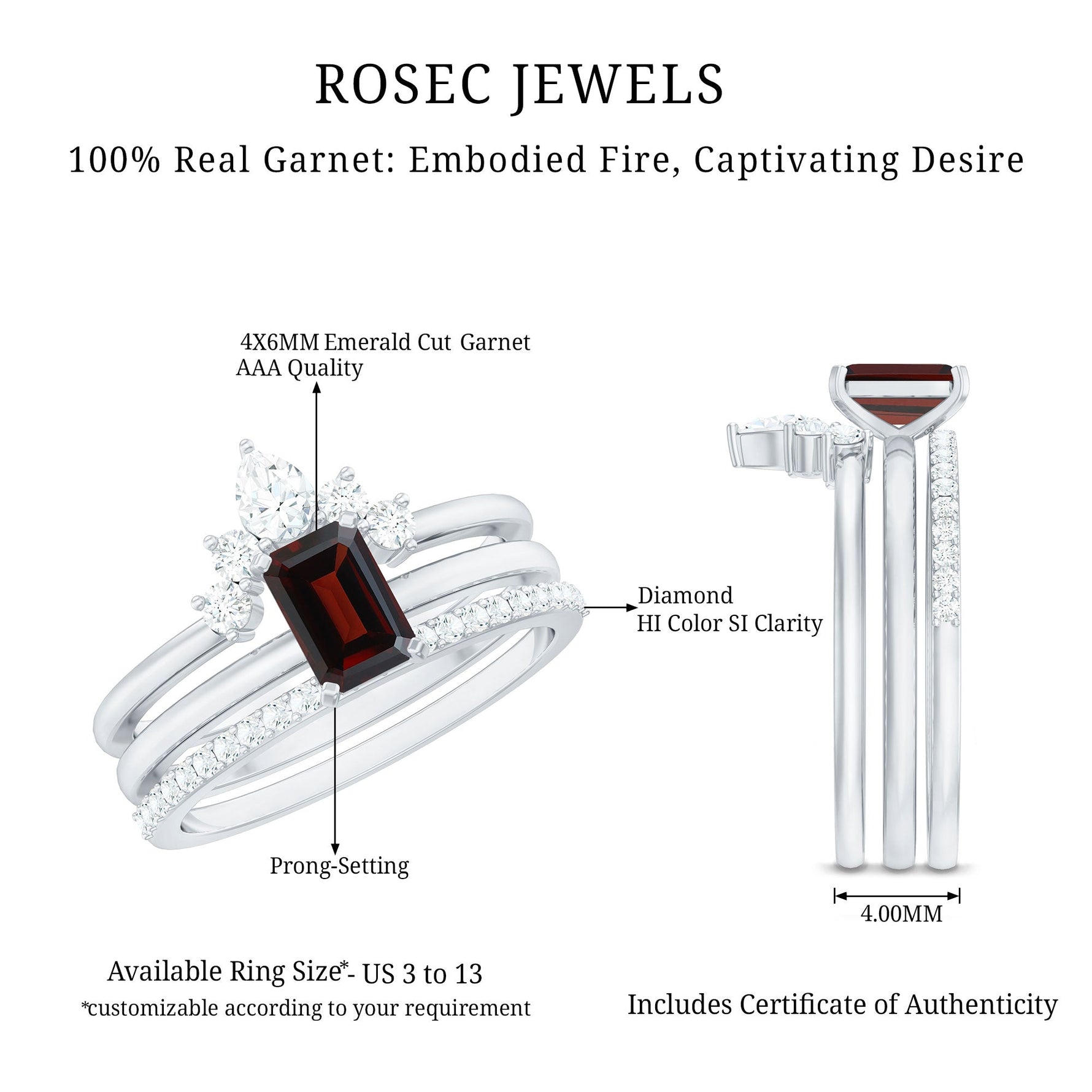 Natural Emerald Cut Garnet Diamond 3 Piece Wedding Ring Set