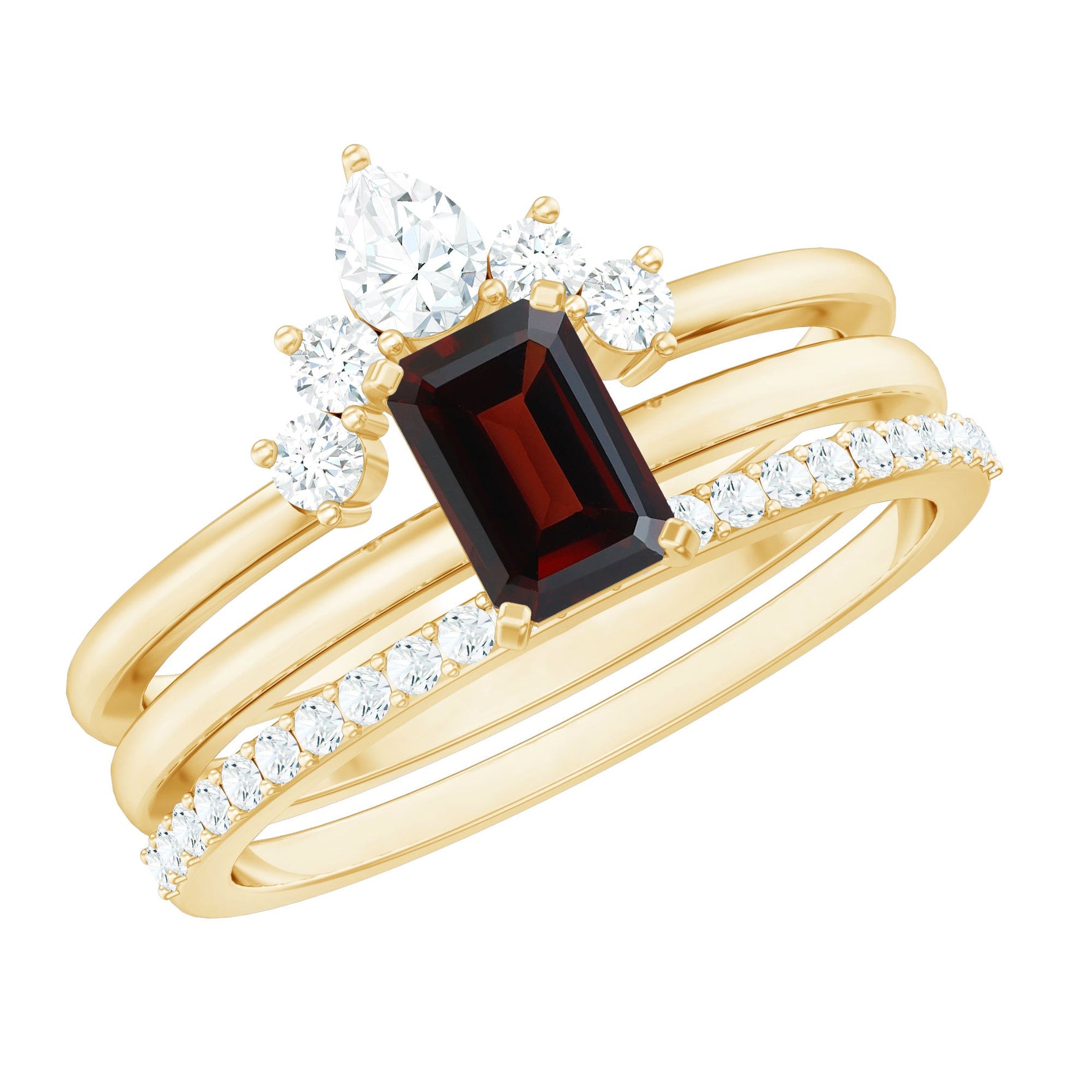 Natural Emerald Cut Garnet Diamond 3 Piece Wedding Ring Set