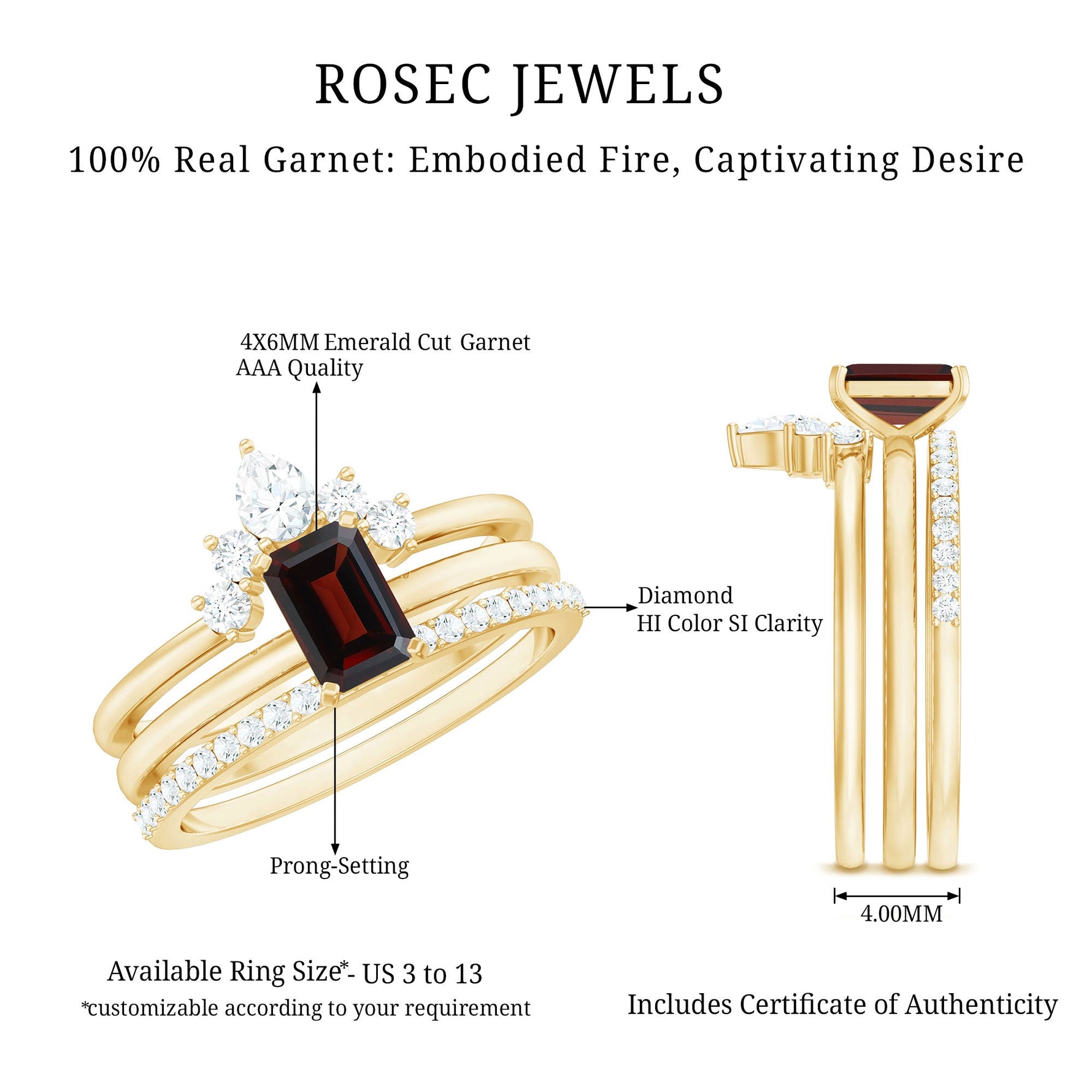 Natural Emerald Cut Garnet Diamond 3 Piece Wedding Ring Set
