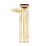 Natural Emerald Cut Garnet Diamond 3 Piece Wedding Ring Set