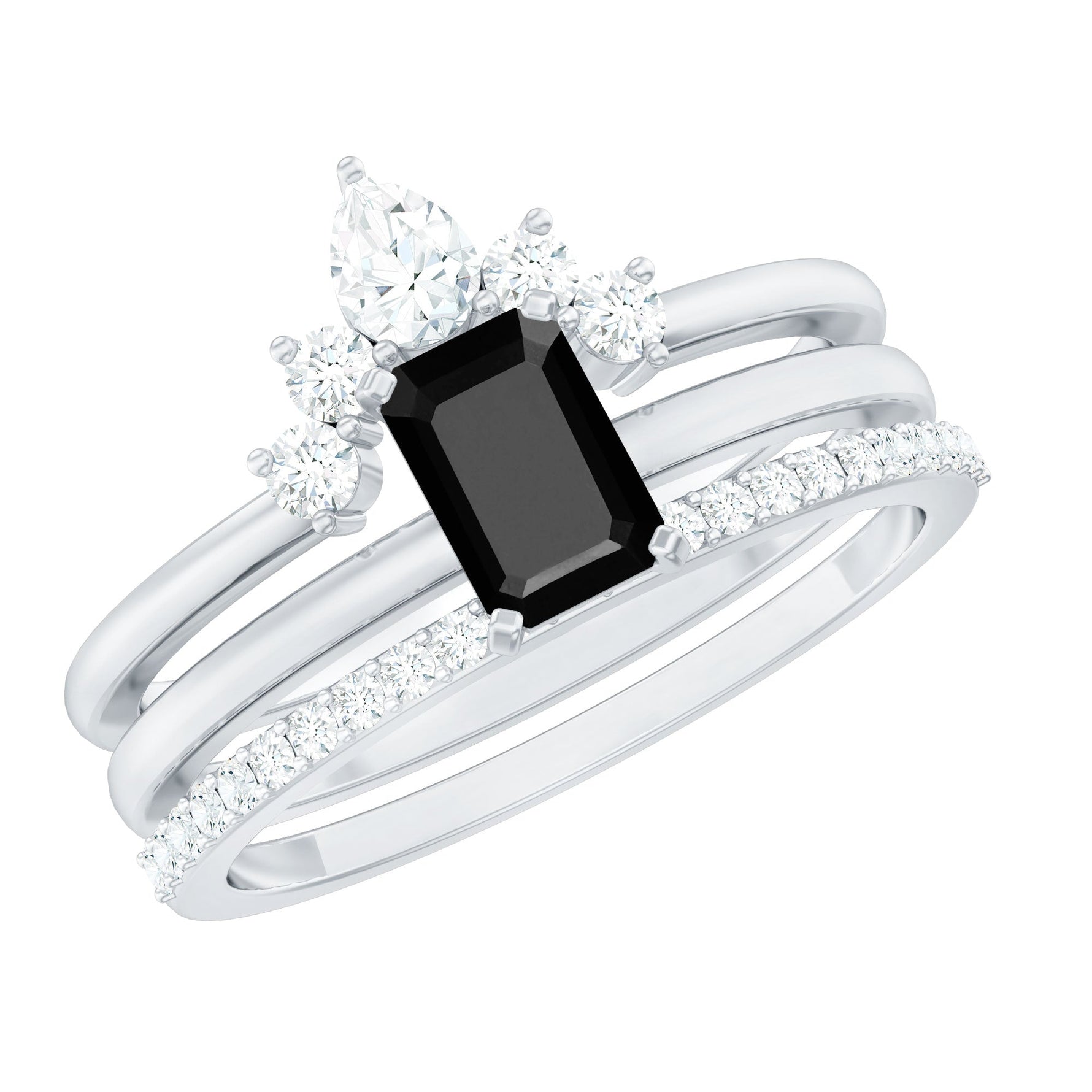 Emerald Cut Black Onyx and Moissanite Trio Wedding Ring Set