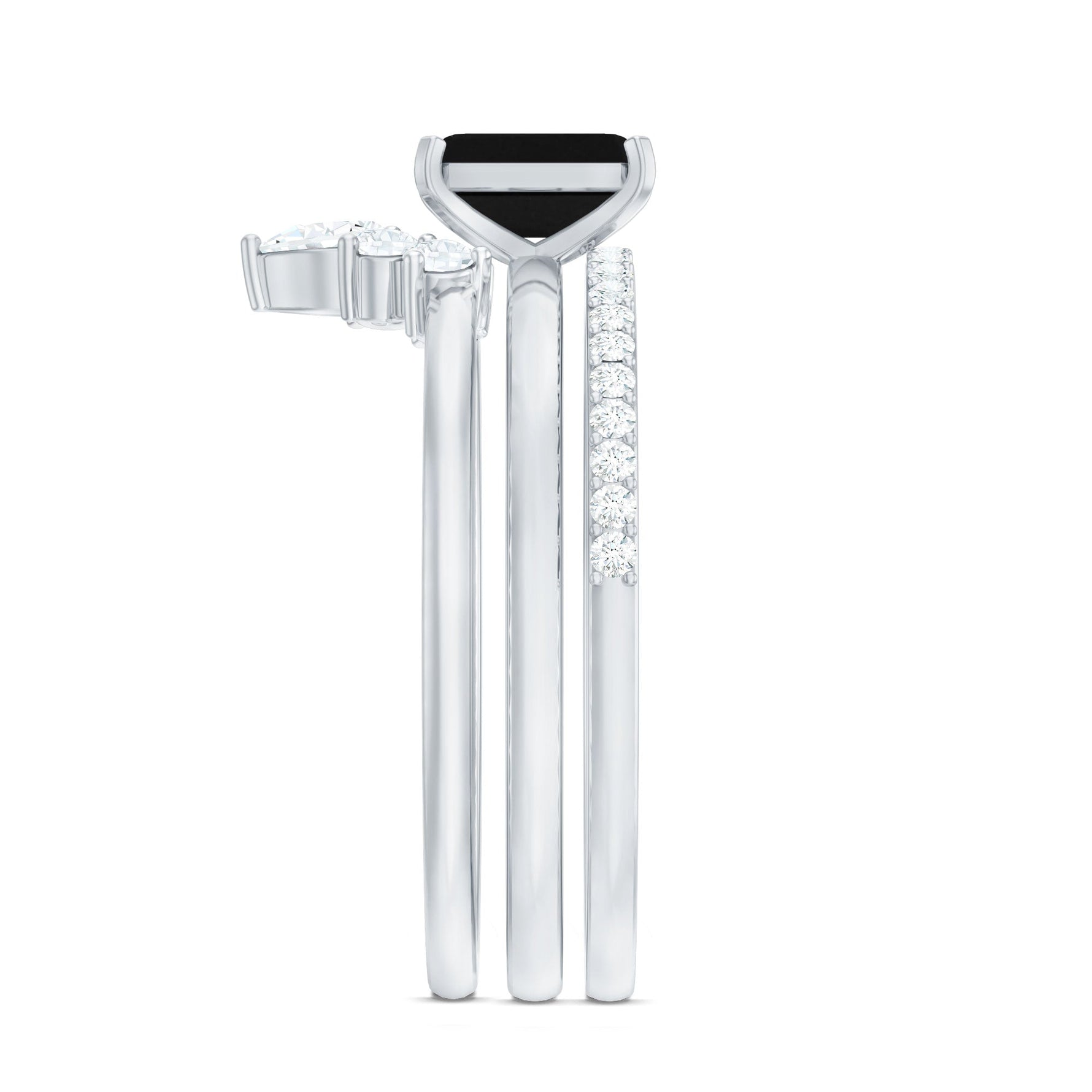 Emerald Cut Black Onyx and Moissanite Trio Wedding Ring Set