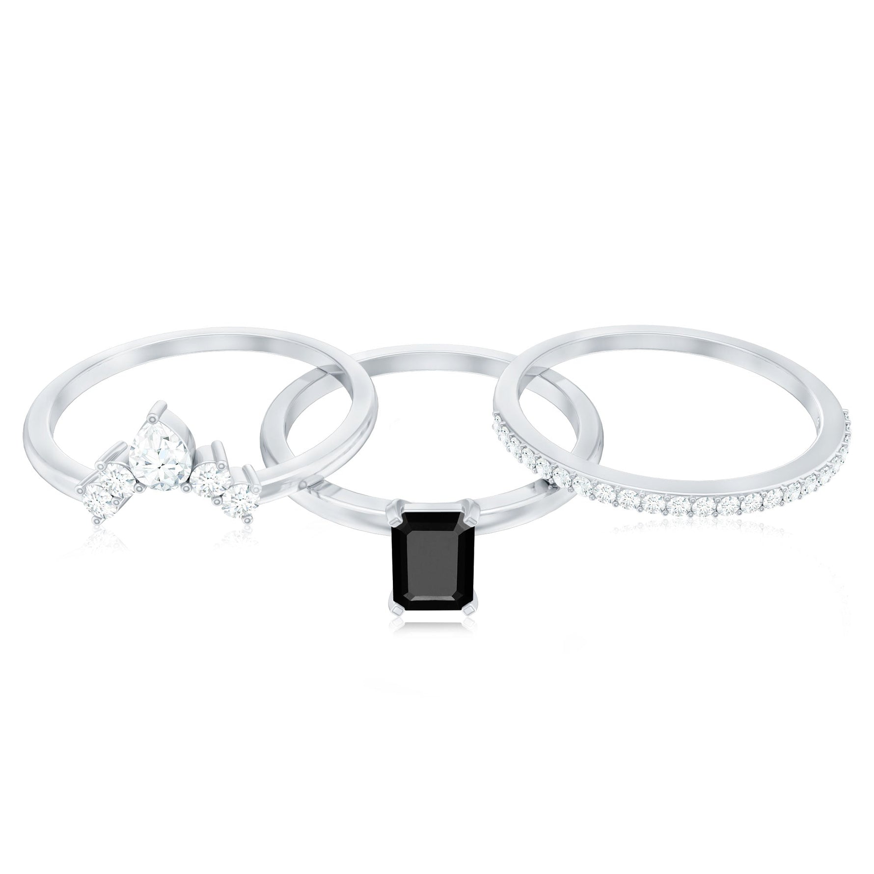 Emerald Cut Black Onyx and Moissanite Trio Wedding Ring Set
