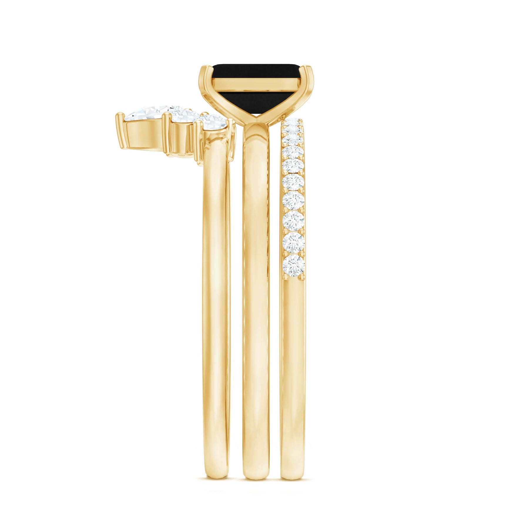 Emerald Cut Black Onyx and Moissanite Trio Wedding Ring Set