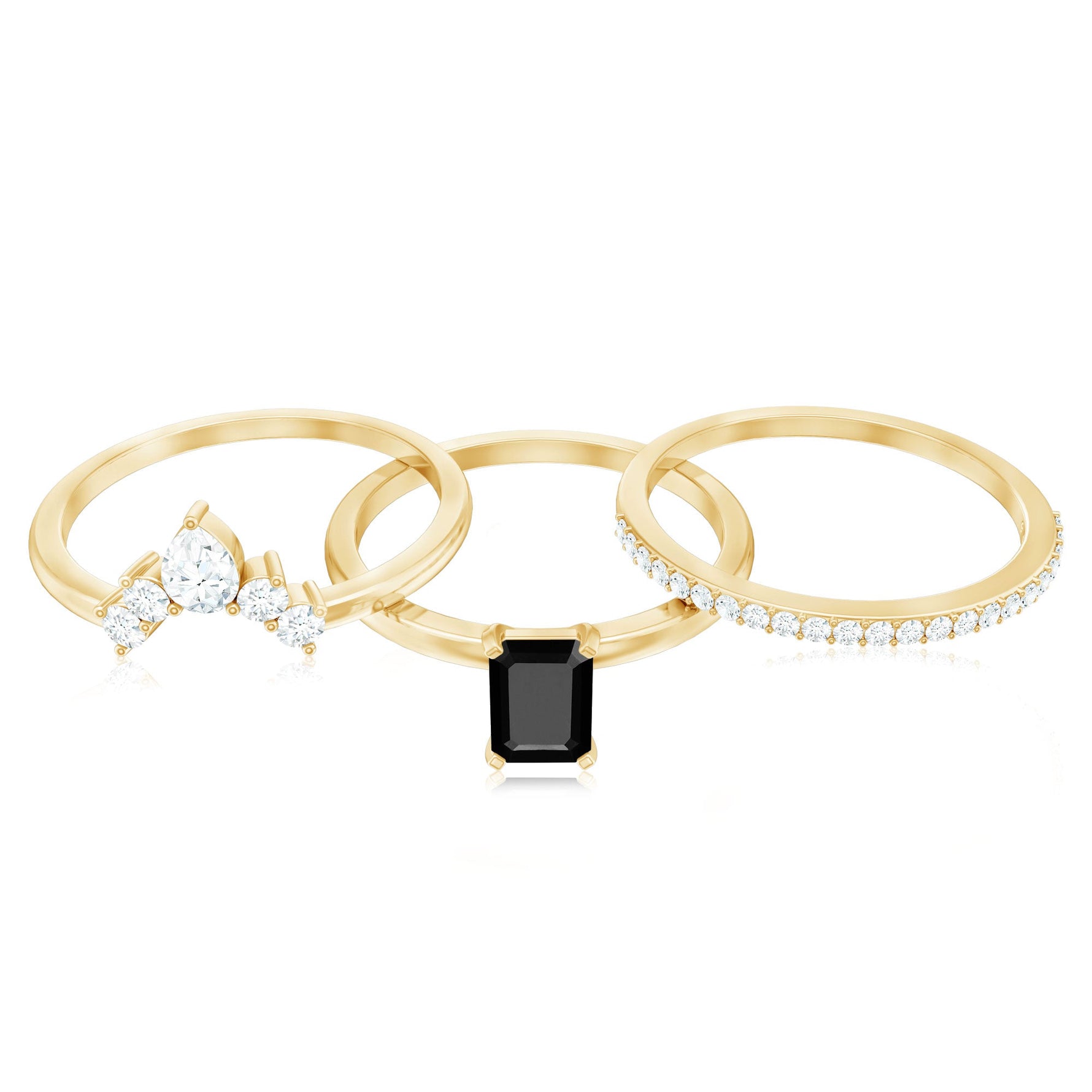 Emerald Cut Black Onyx and Moissanite Trio Wedding Ring Set