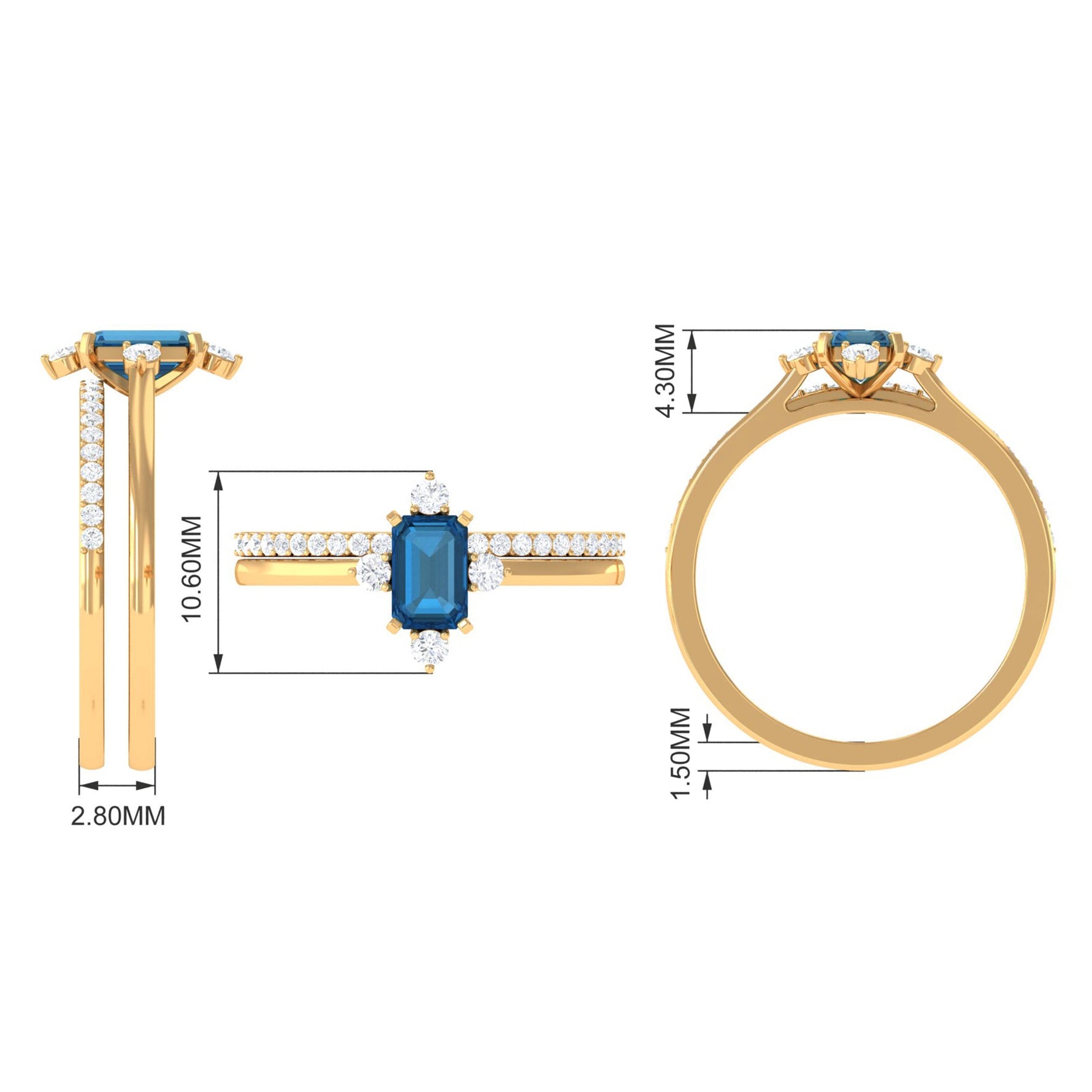 4X6mm Emerald Cut London Blue Topaz Wedding Ring Set with Diamond Band