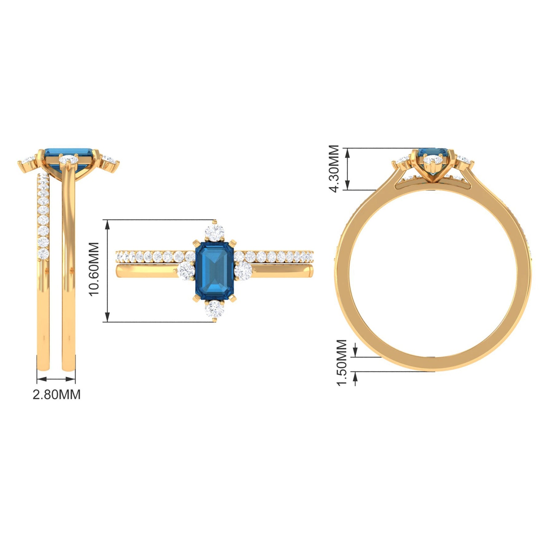 4X6mm Emerald Cut London Blue Topaz Wedding Ring Set with Diamond Band