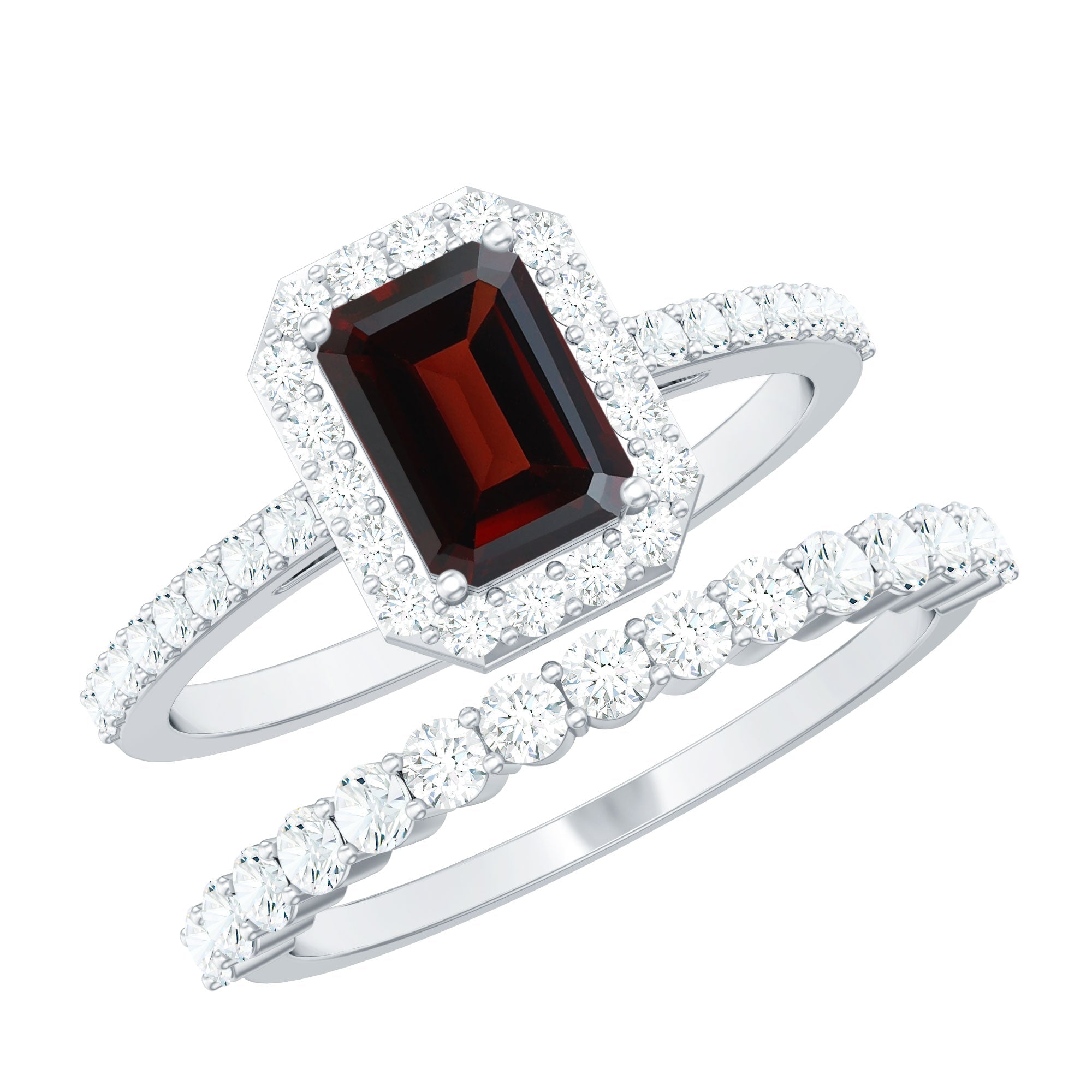 Genuine 6X8mm Emerald Cut Garnet Moissanite Wedding Ring Set of 2