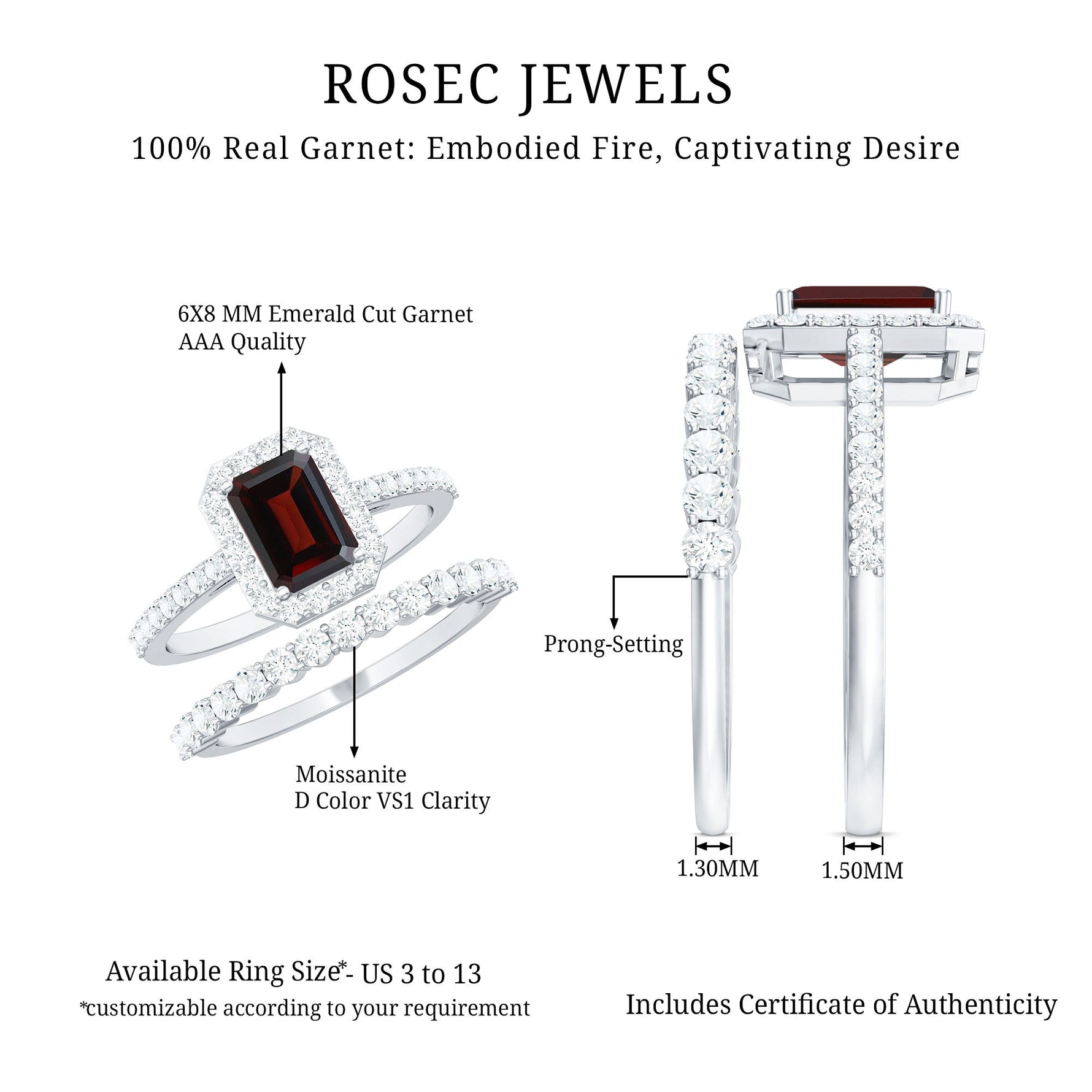 Genuine 6X8mm Emerald Cut Garnet Moissanite Wedding Ring Set of 2