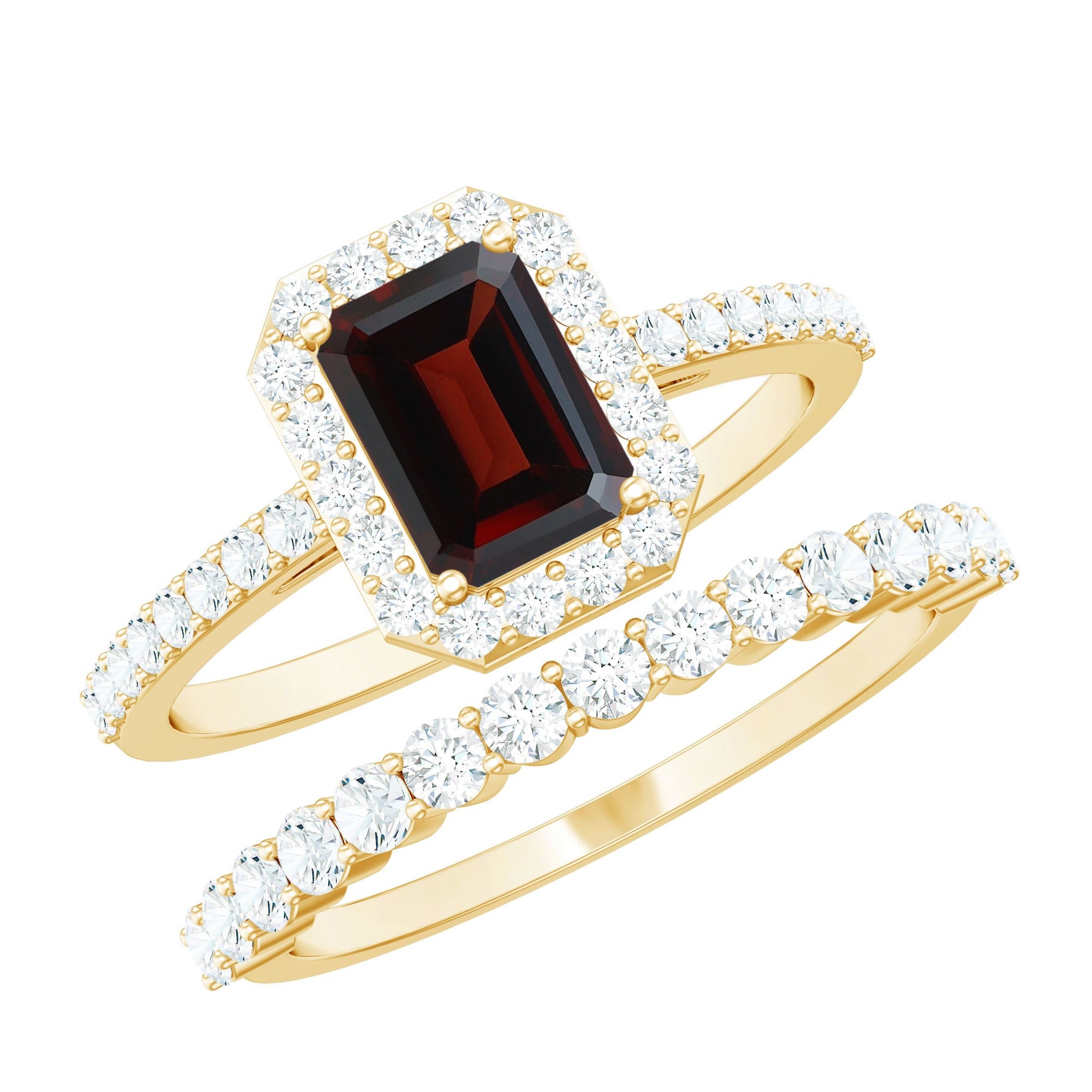 Genuine 6X8mm Emerald Cut Garnet Moissanite Wedding Ring Set of 2