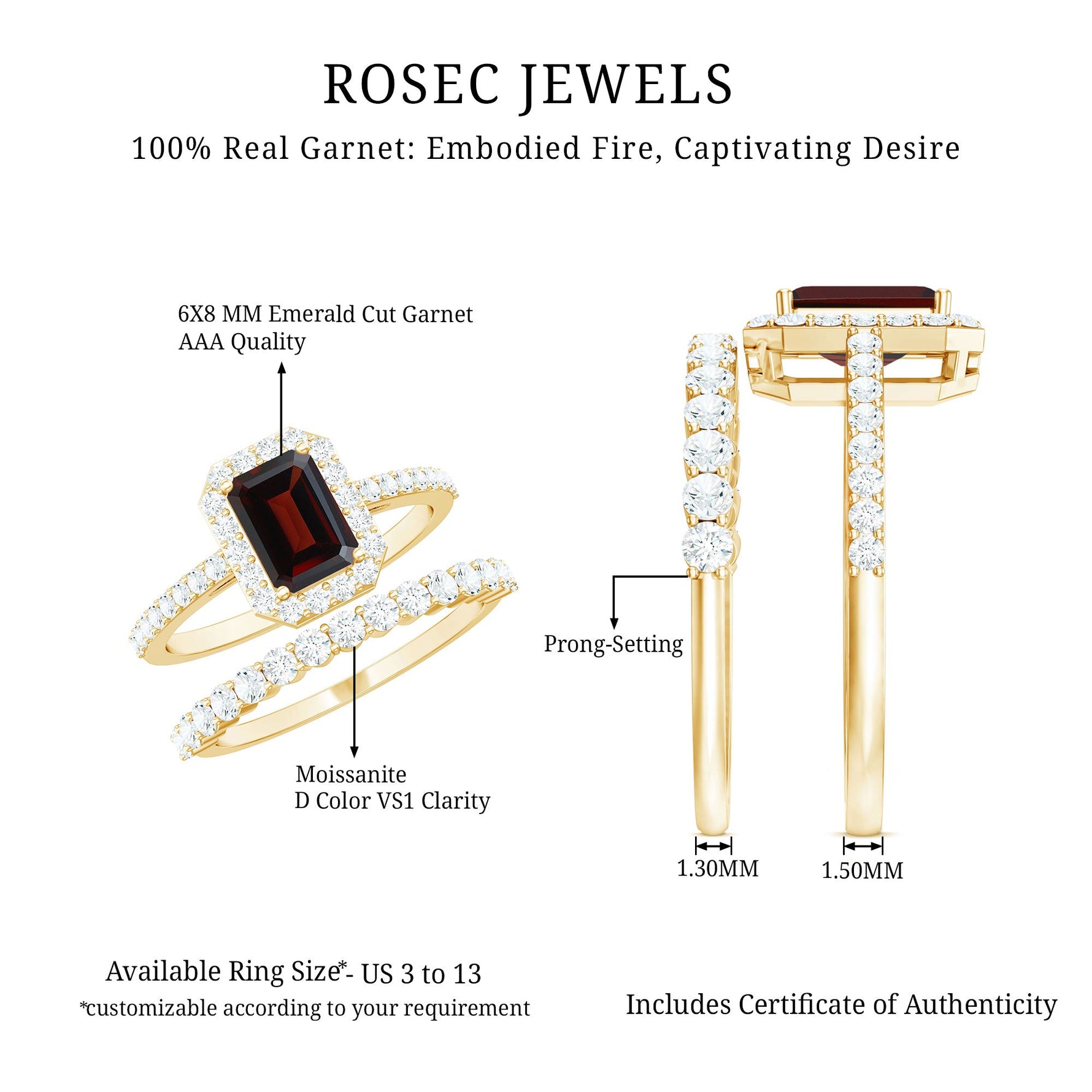 Genuine 6X8mm Emerald Cut Garnet Moissanite Wedding Ring Set of 2