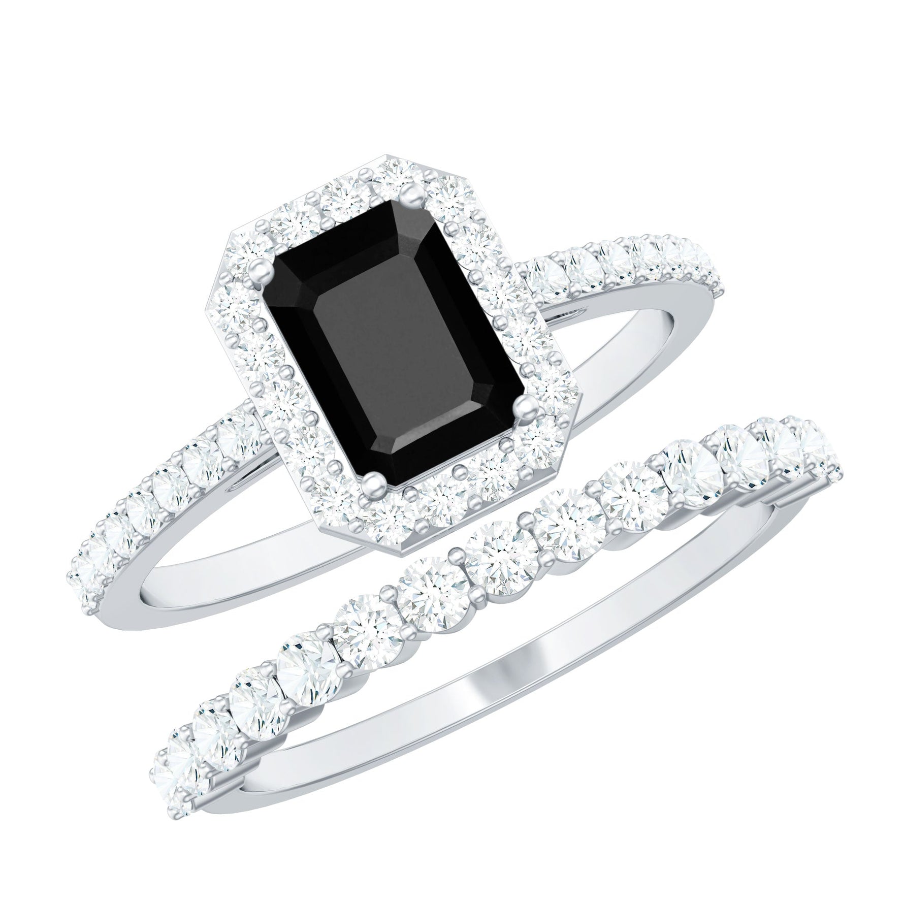 Emerald Cut Black Onyx Wedding Ring Set with Moissanite