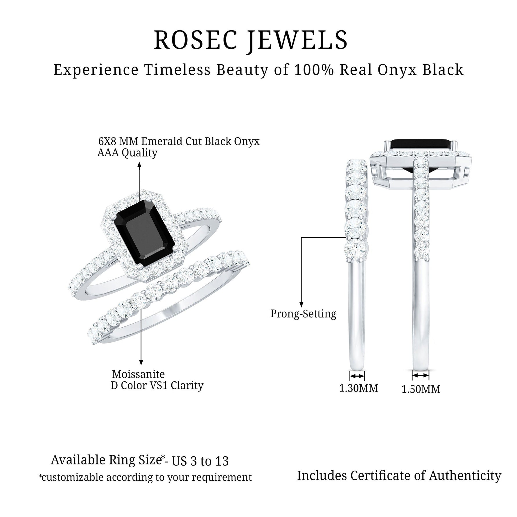 Emerald Cut Black Onyx Wedding Ring Set with Moissanite