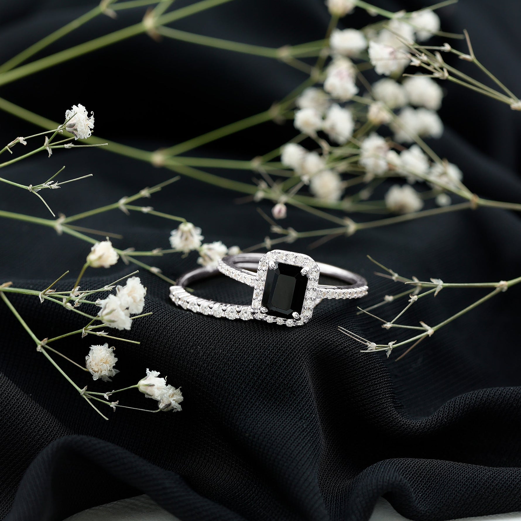 Emerald Cut Black Onyx Wedding Ring Set with Moissanite