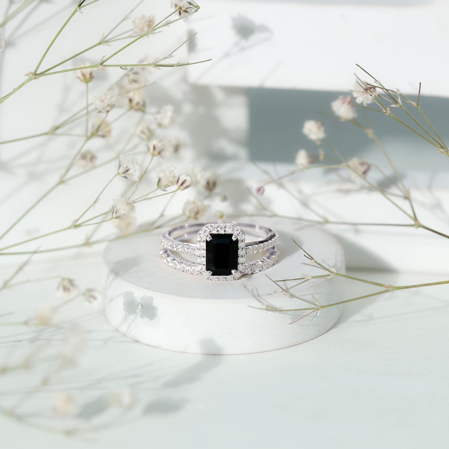 Emerald Cut Black Onyx Wedding Ring Set with Moissanite