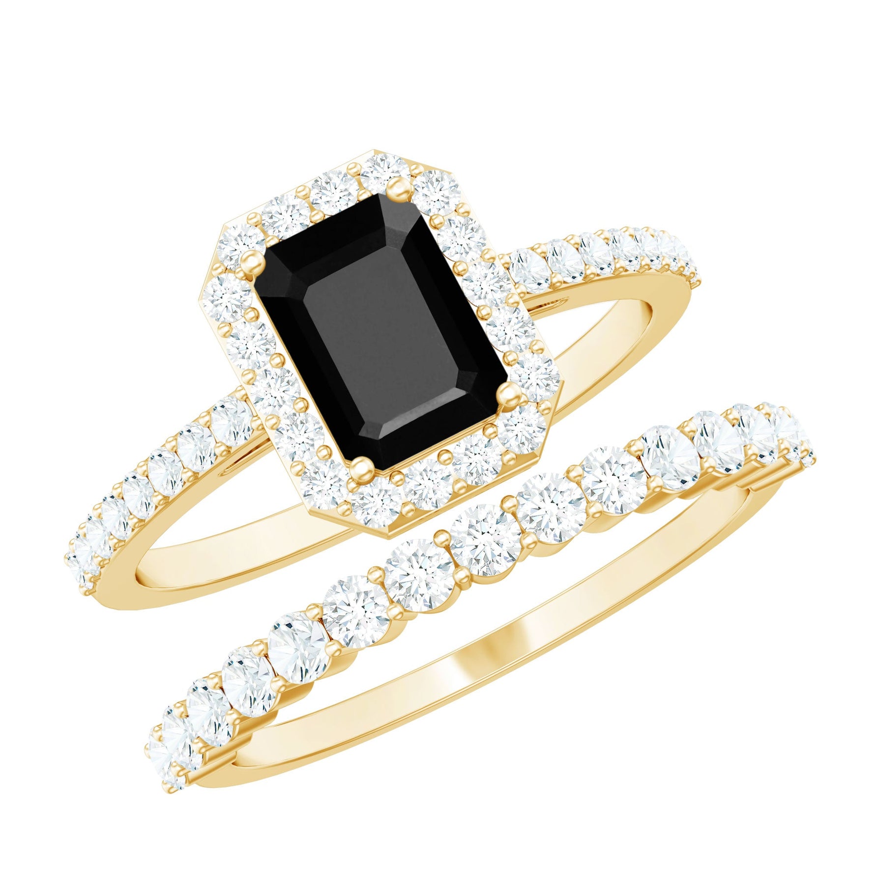 Emerald Cut Black Onyx Wedding Ring Set with Moissanite