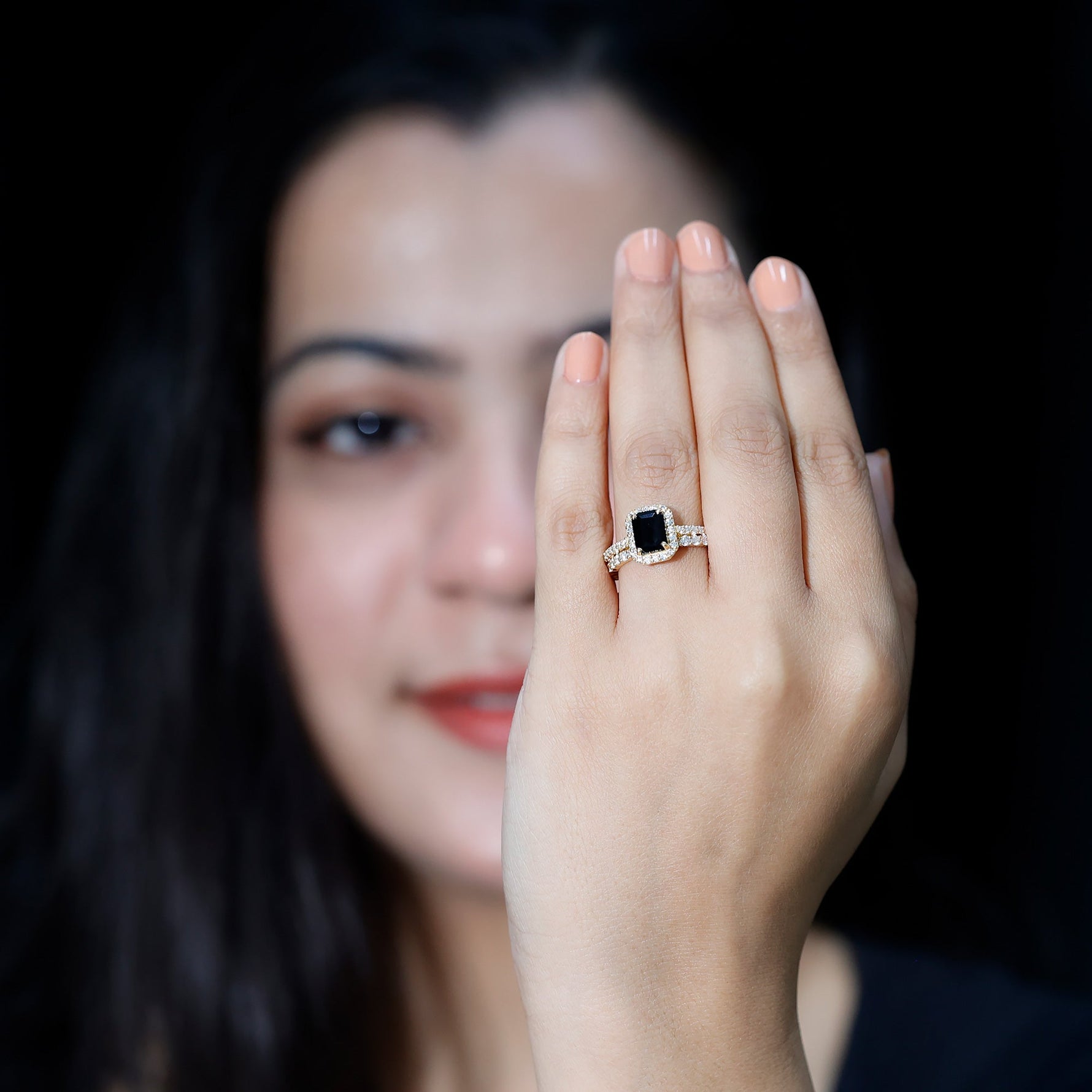 Emerald Cut Black Onyx Wedding Ring Set with Moissanite