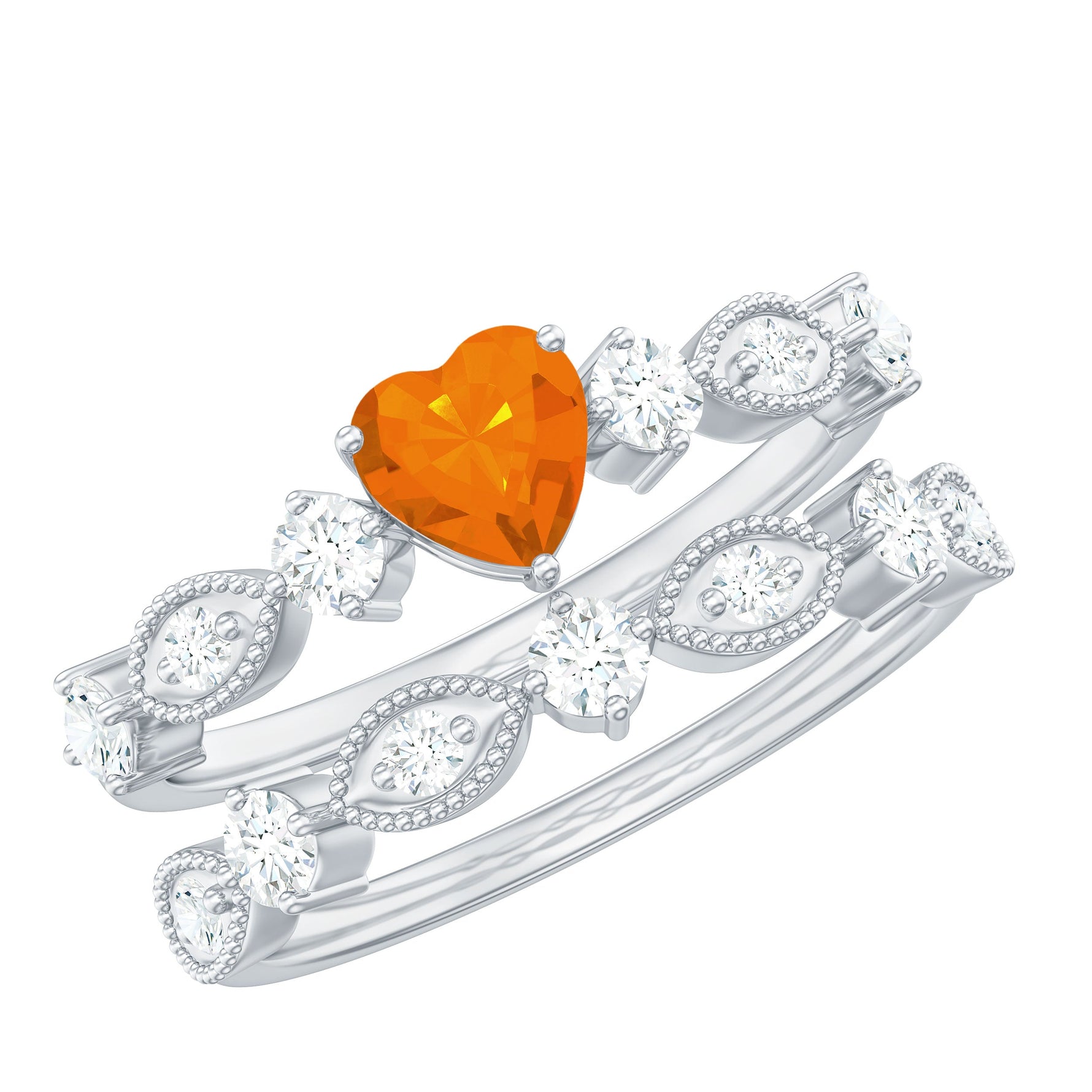 Heart Fire Opal and Moissanite Wedding Ring Set