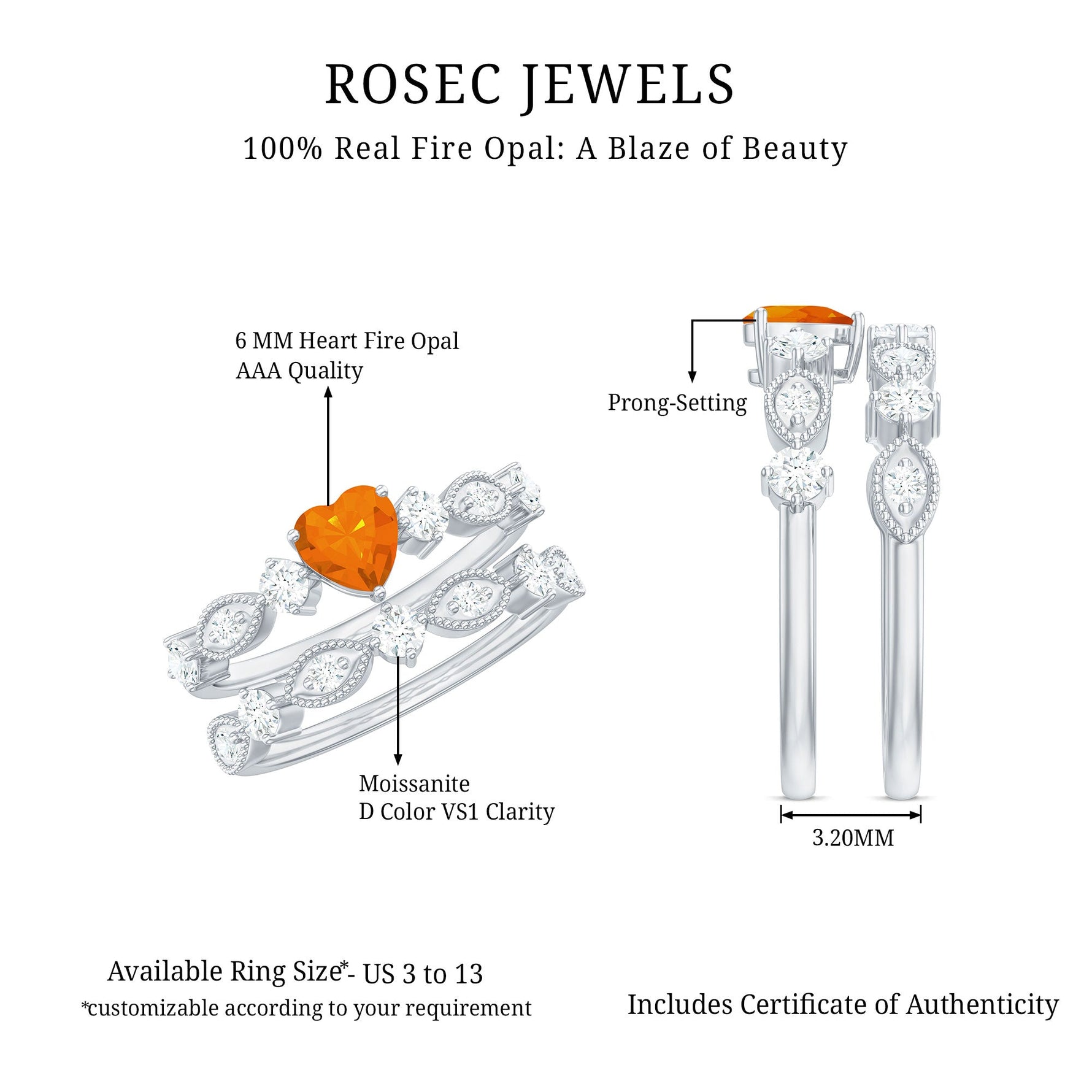 Heart Fire Opal and Moissanite Wedding Ring Set