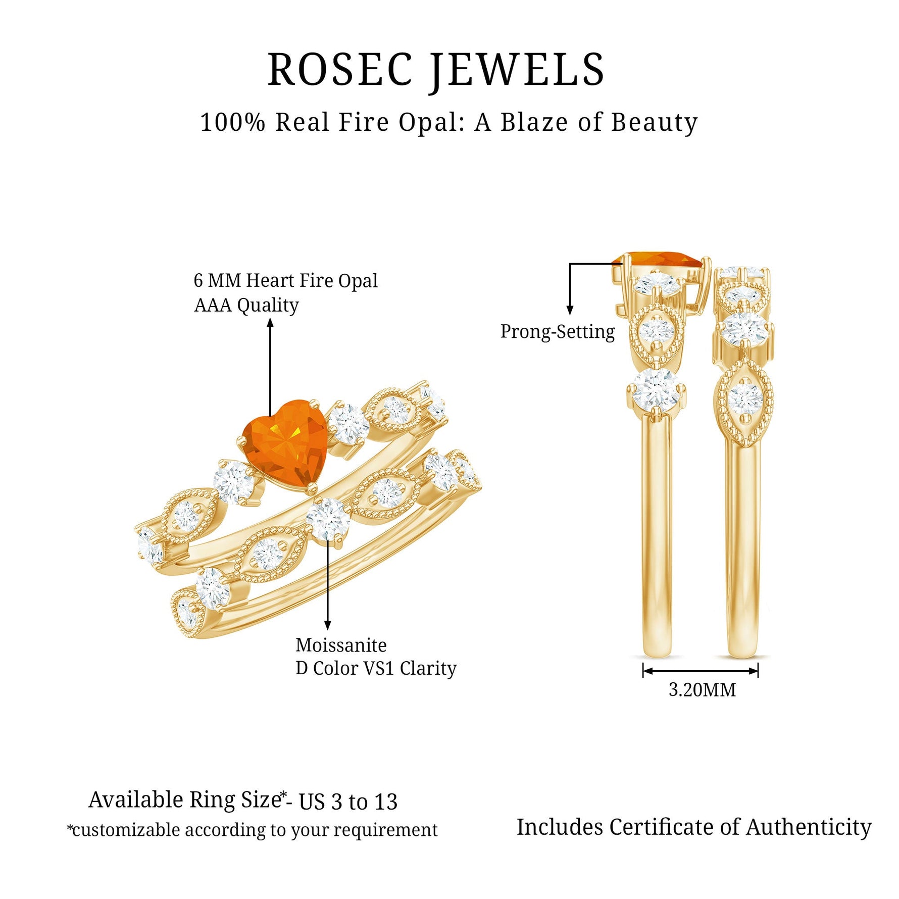 Heart Fire Opal and Moissanite Wedding Ring Set