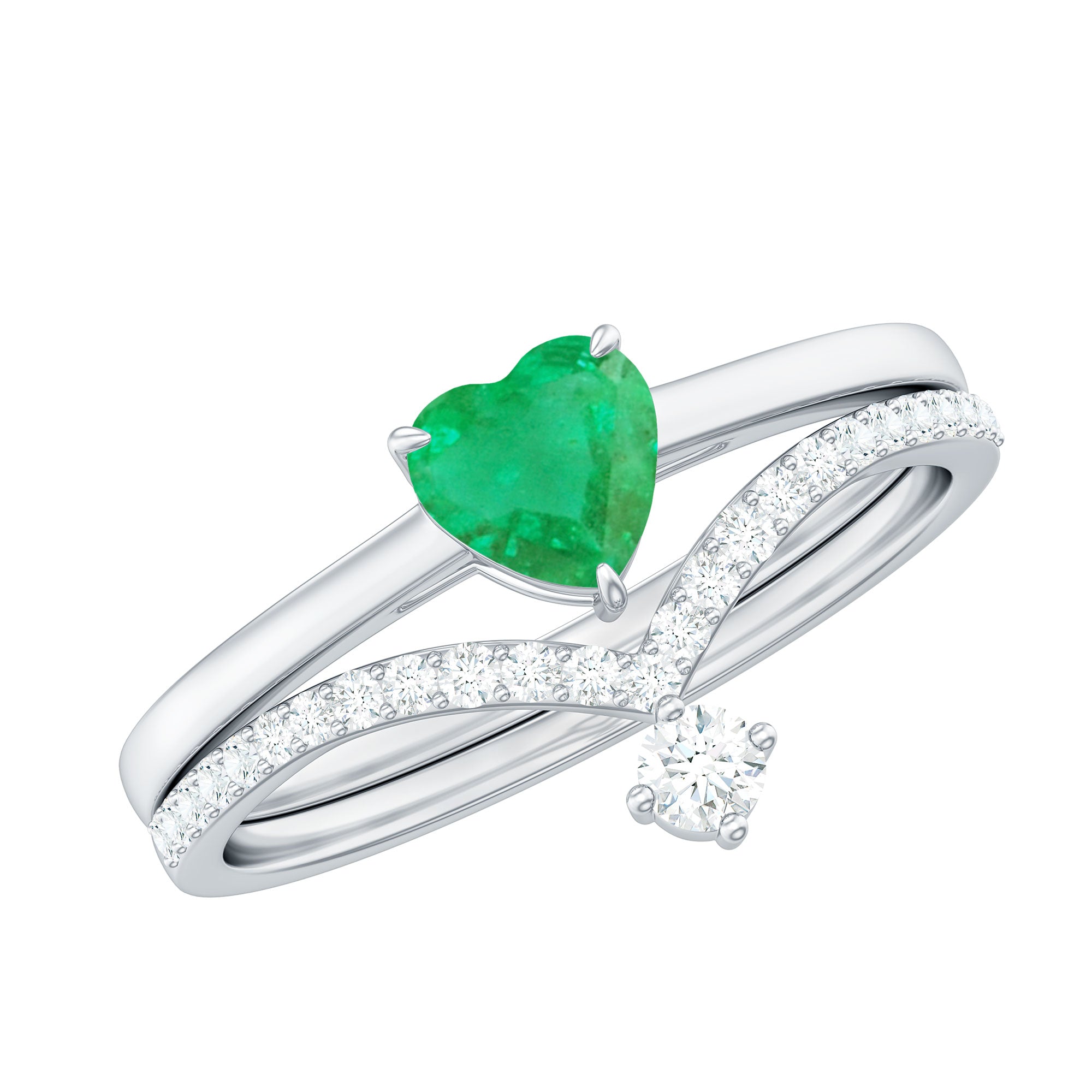 Certified Real Emerald Diamond Heart Wedding Ring Set