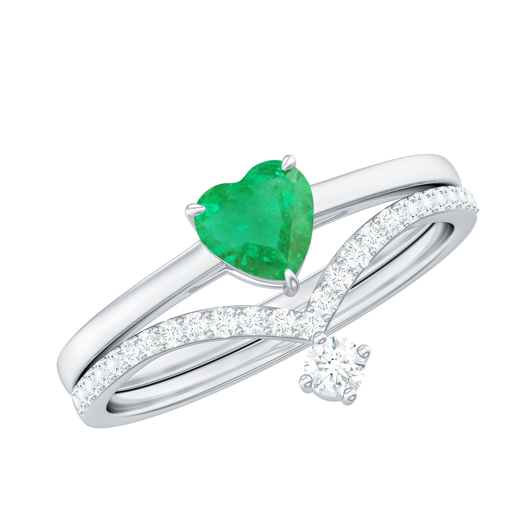 Certified Real Emerald Diamond Heart Wedding Ring Set