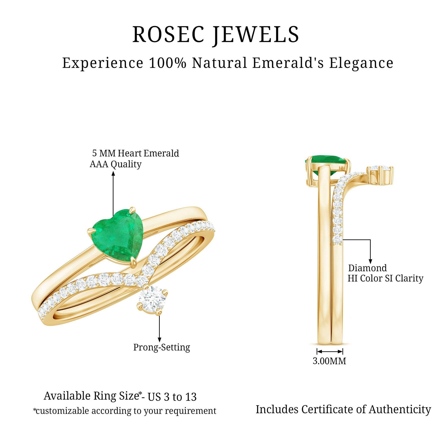 Certified Real Emerald Diamond Heart Wedding Ring Set