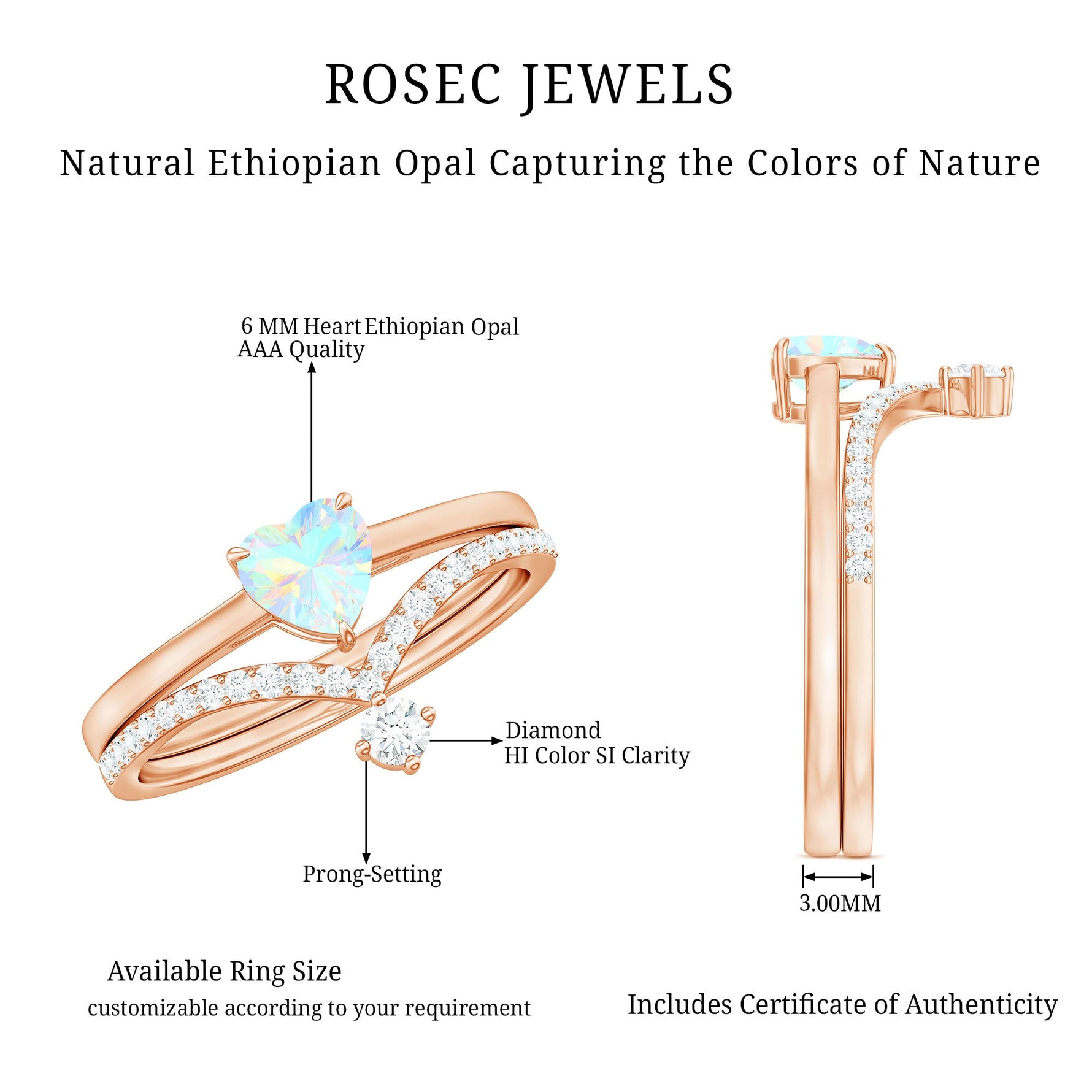 6mm Heart Ethiopian Opal Wedding Ring Set with Diamond