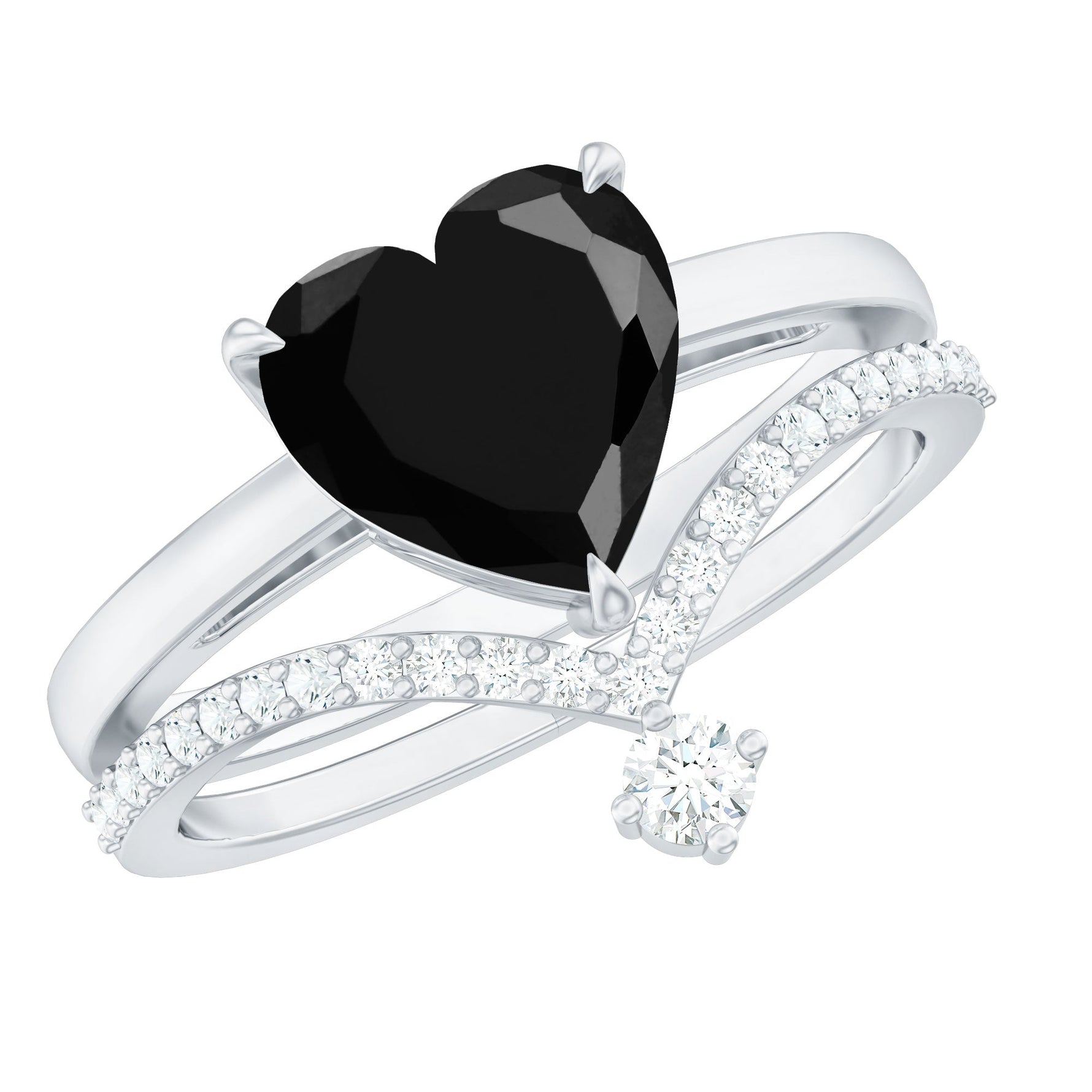 Real Black Onyx and Diamond Heart Wedding Ring Set