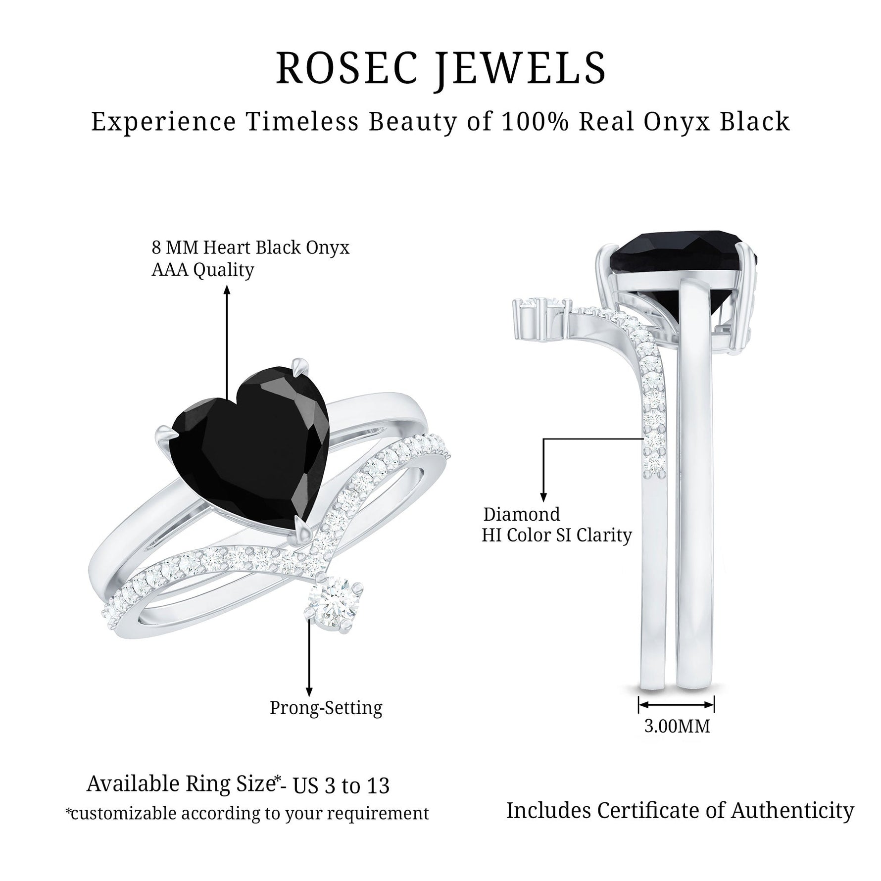 Real Black Onyx and Diamond Heart Wedding Ring Set