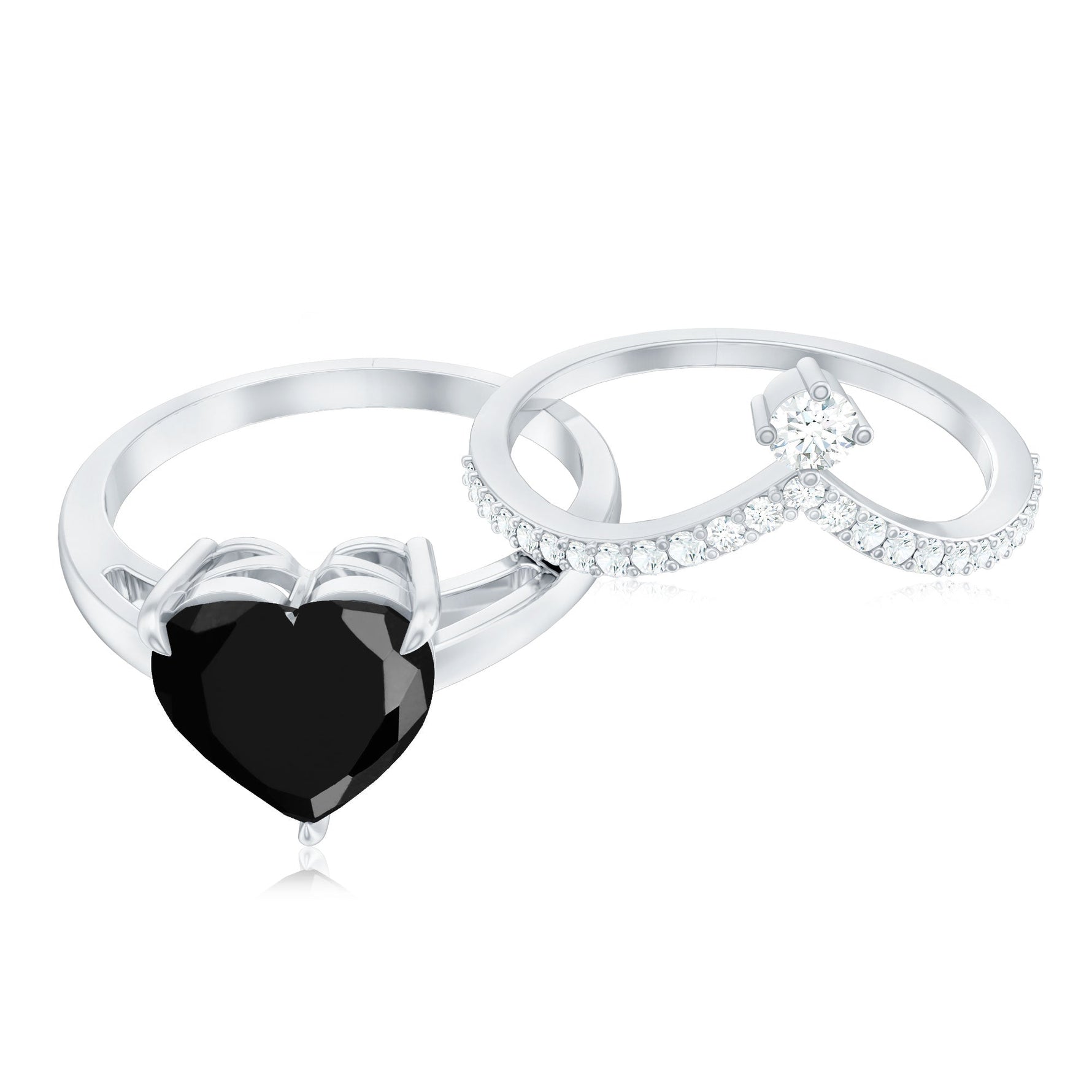 Real Black Onyx and Diamond Heart Wedding Ring Set