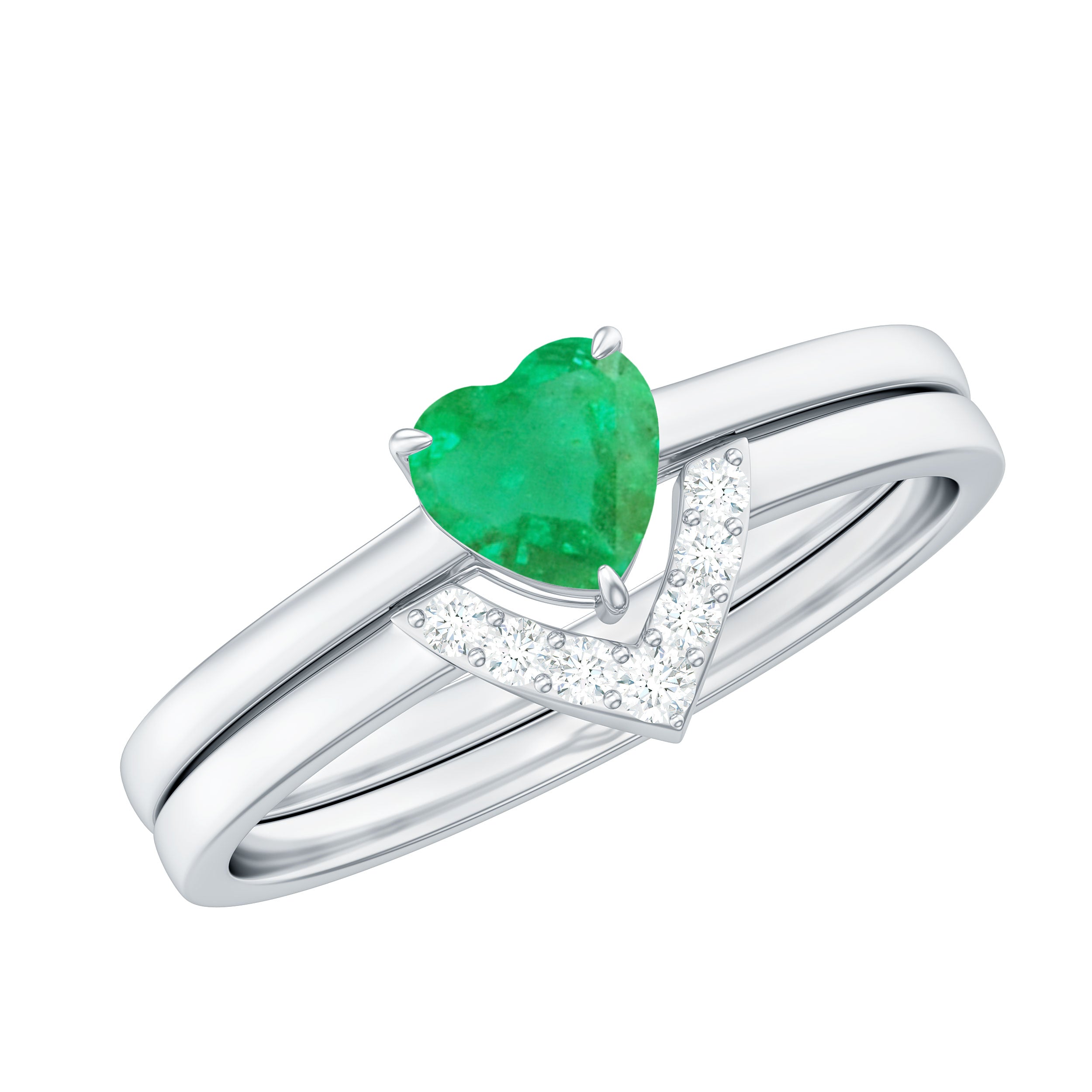 Natural Heart Shape Emerald Diamond Wedding Ring Set with Certificate