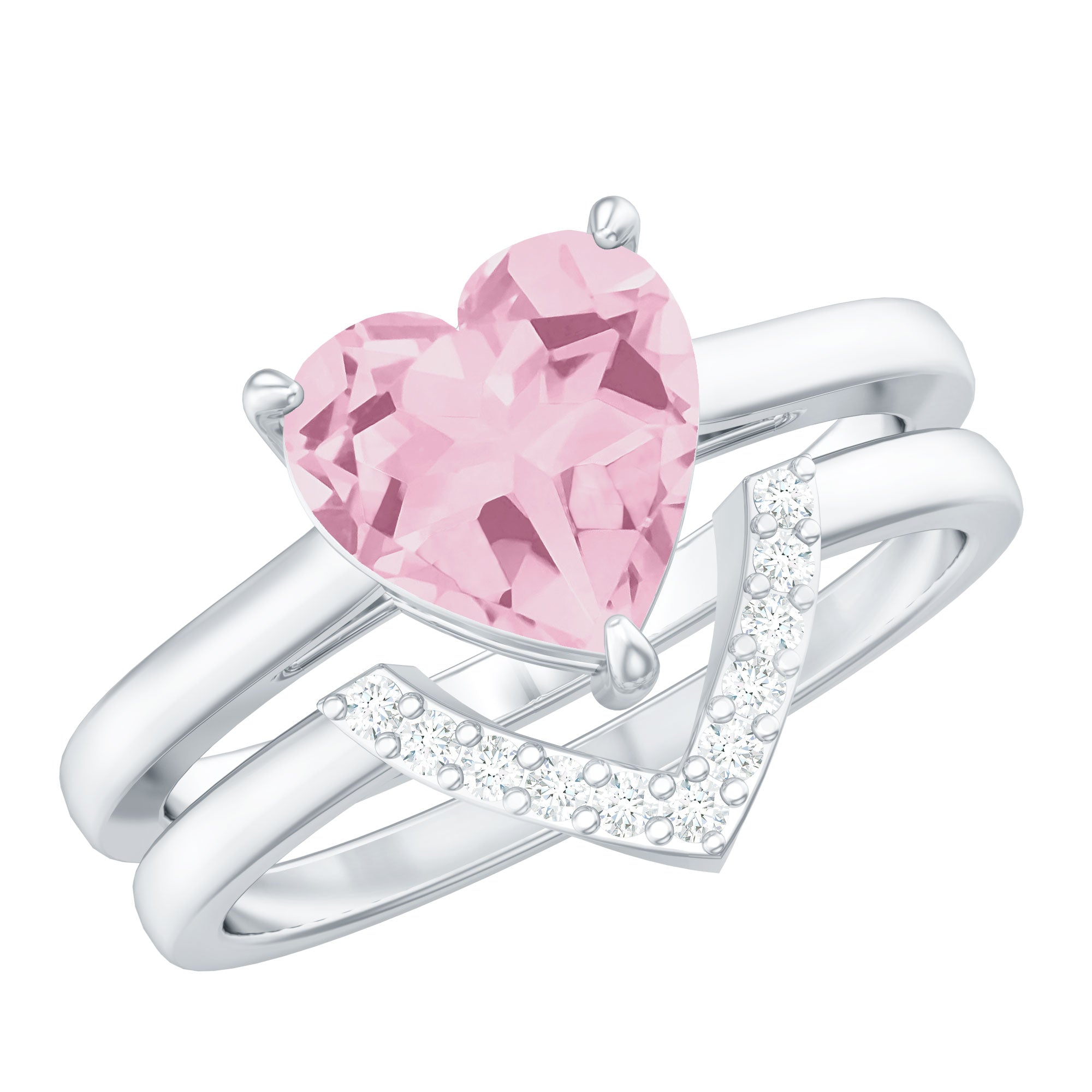 Heart Shape Rose Quartz Wedding Ring Set with Diamond
