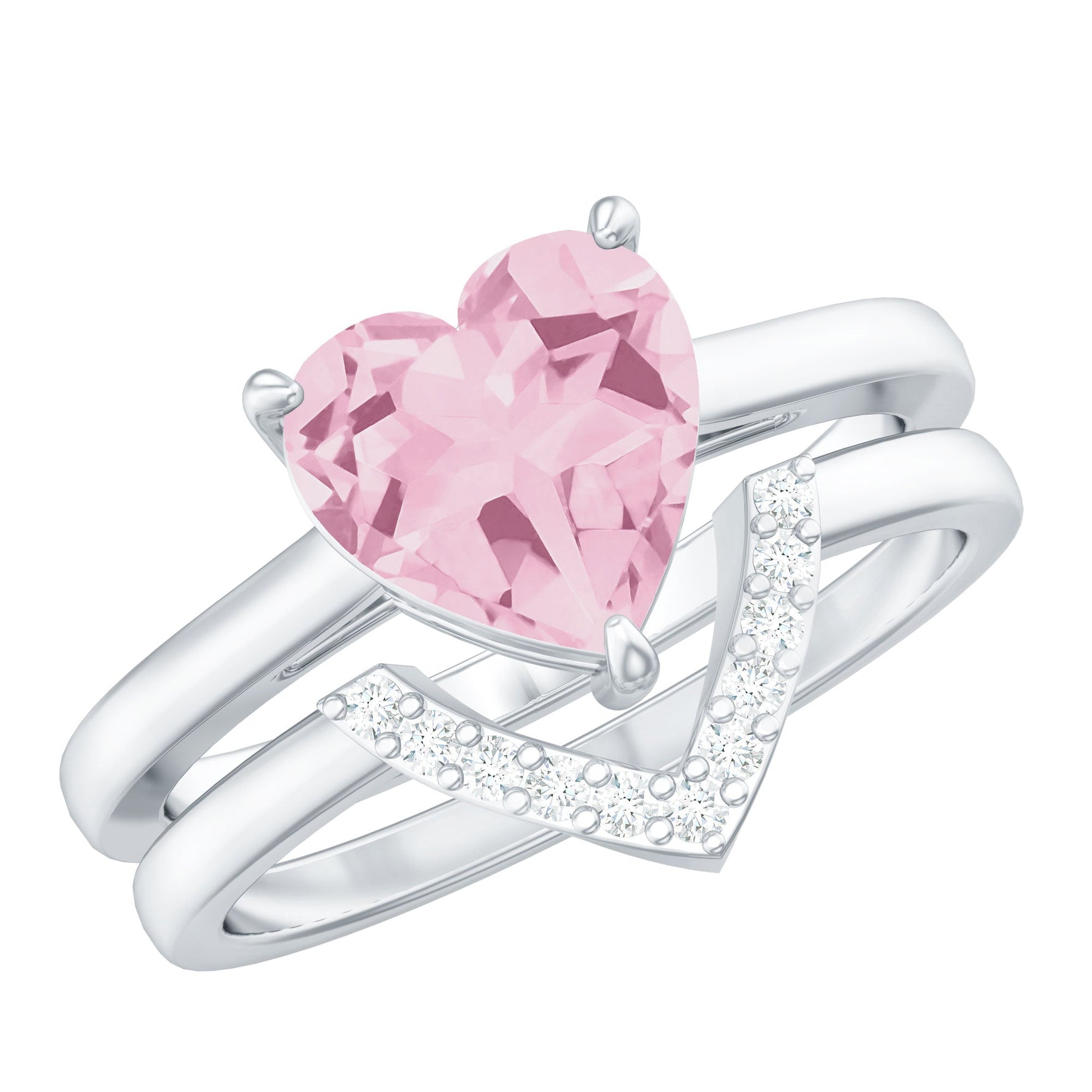 Heart Shape Rose Quartz Wedding Ring Set with Diamond