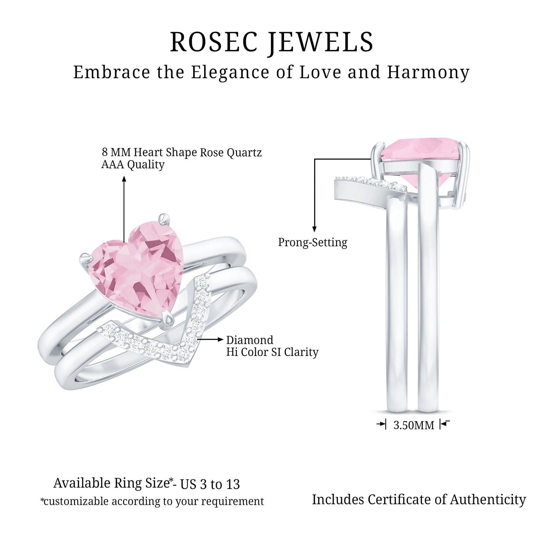 Heart Shape Rose Quartz Wedding Ring Set with Diamond