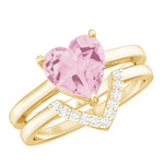 Heart Shape Rose Quartz Wedding Ring Set with Diamond