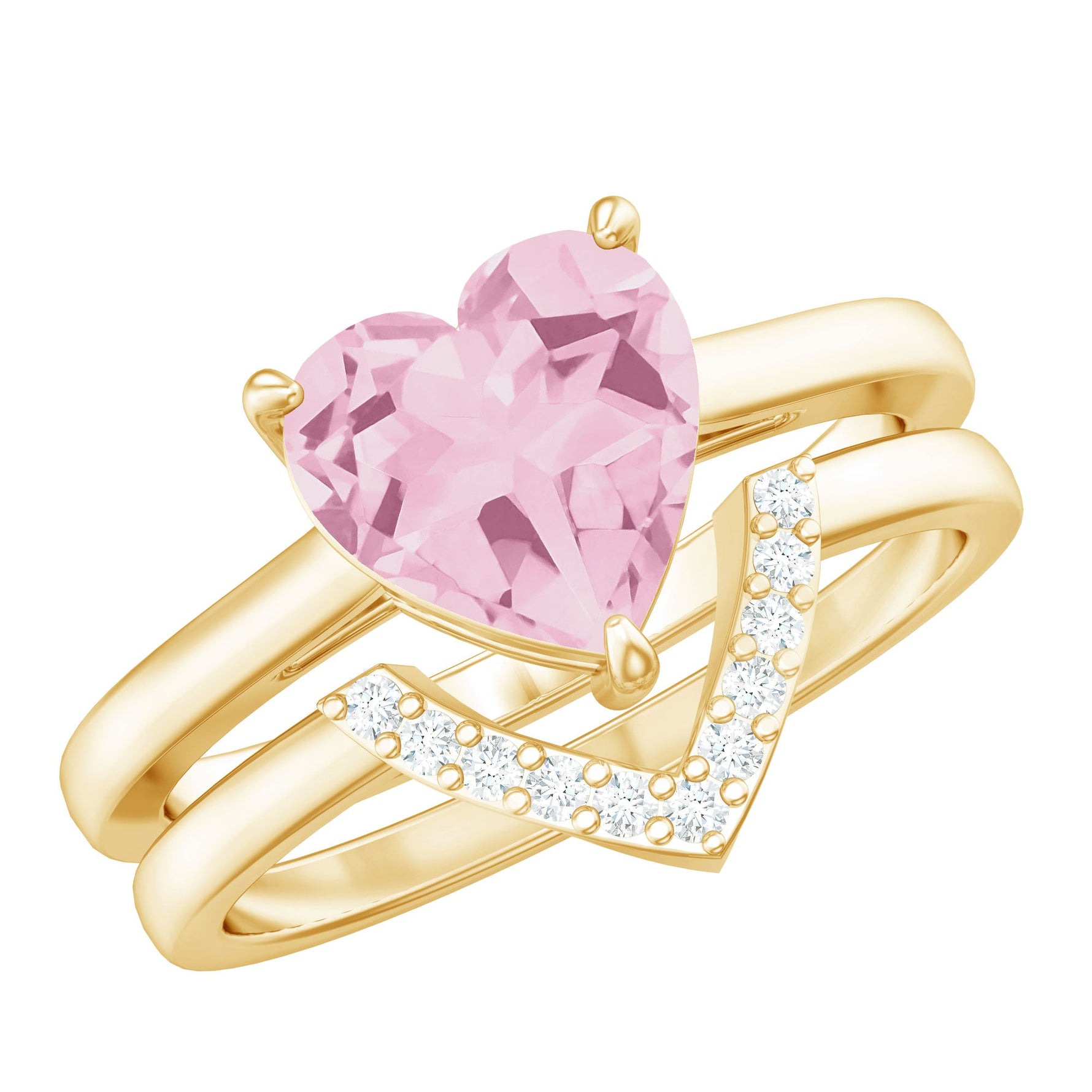 Heart Shape Rose Quartz Wedding Ring Set with Diamond